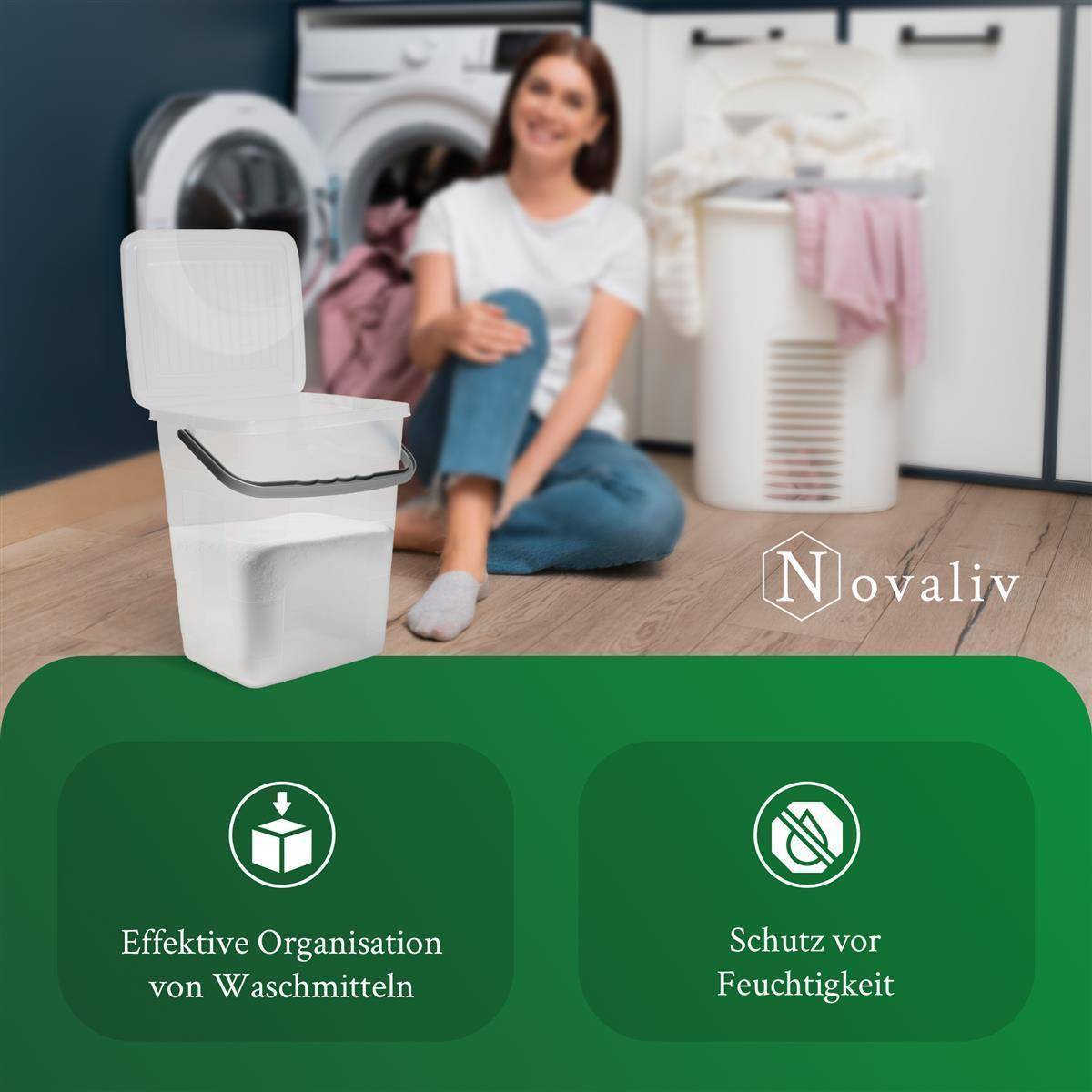 Novaliv Waschmittelbox mit Deckel 7 Liter Transparent und Dosierlöffel 23,5 x 18 x 26,5 cm Waschpulver Aufbewahrungsbox mit Henkel Waschmittel