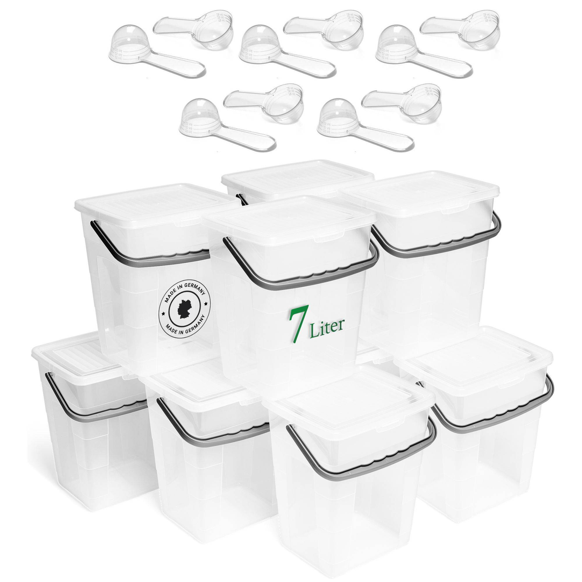 Novaliv 10x Waschmittelbox mit Deckel 7 Liter Transparent und Dosierlöffel 23,5 x 18 x 26,5 cm Waschpulver Aufbewahrungsbox mit Henkel Waschmittel