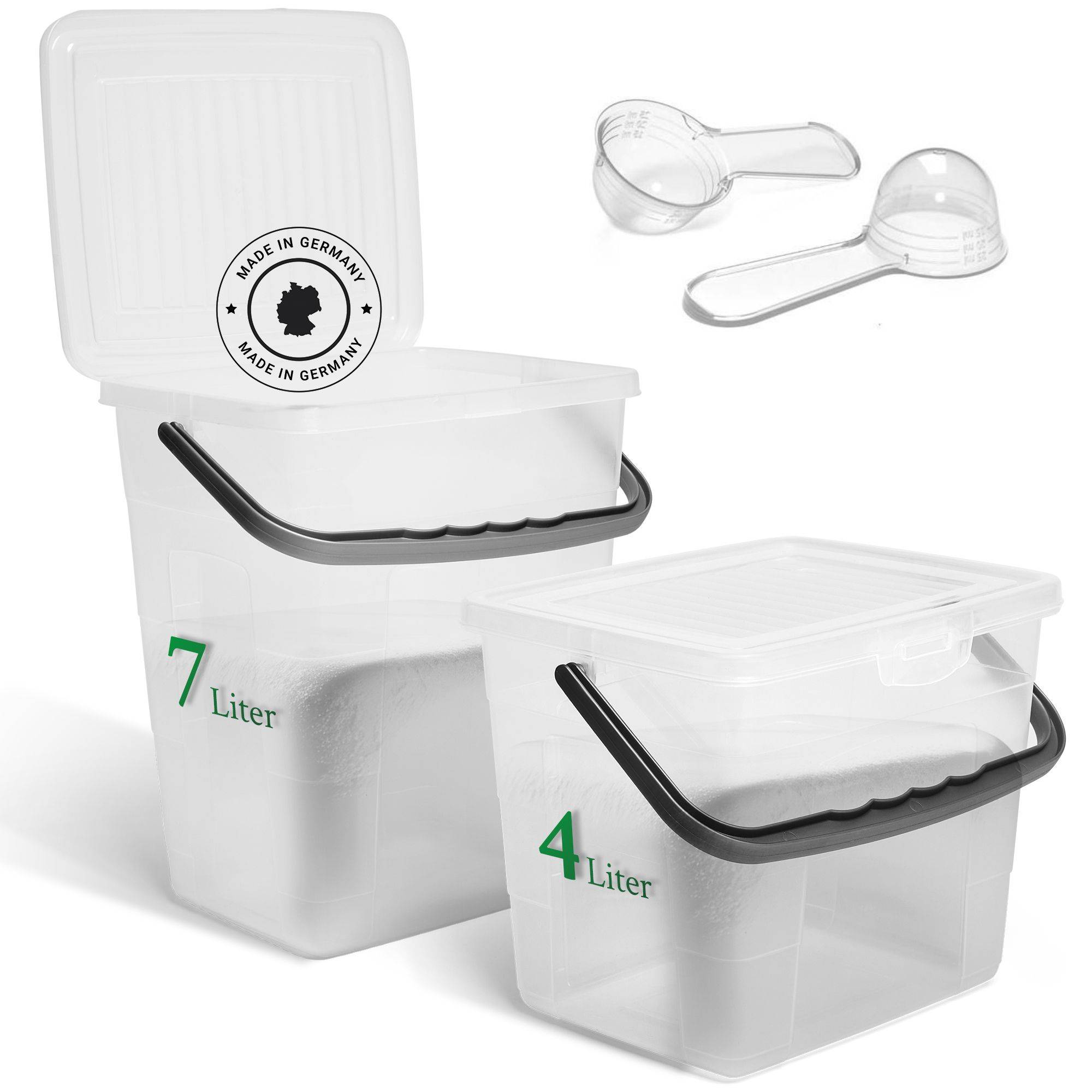 Novaliv Sparset Waschmittelbox mit Deckel 4 Liter + 7 Liter Transparent und Dosierlöffel Box Waschpulver Aufbewahrungsbox mit Henkel Waschmittel