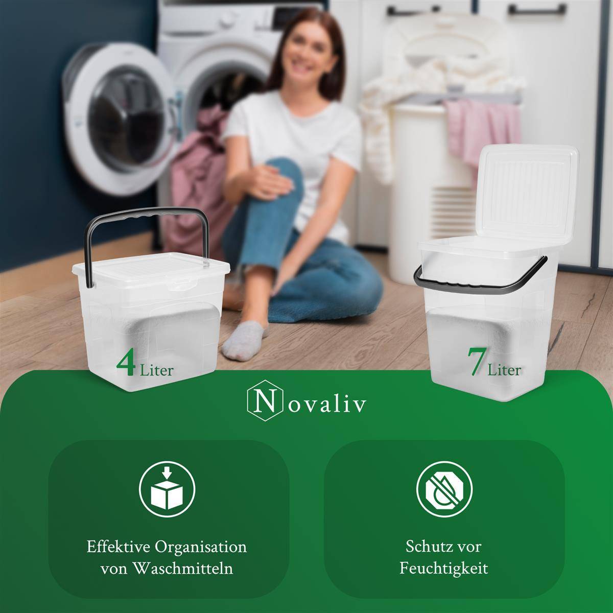 Novaliv Sparset Waschmittelbox mit Deckel 4 Liter + 7 Liter Transparent und Dosierlöffel Box Waschpulver Aufbewahrungsbox mit Henkel Waschmittel