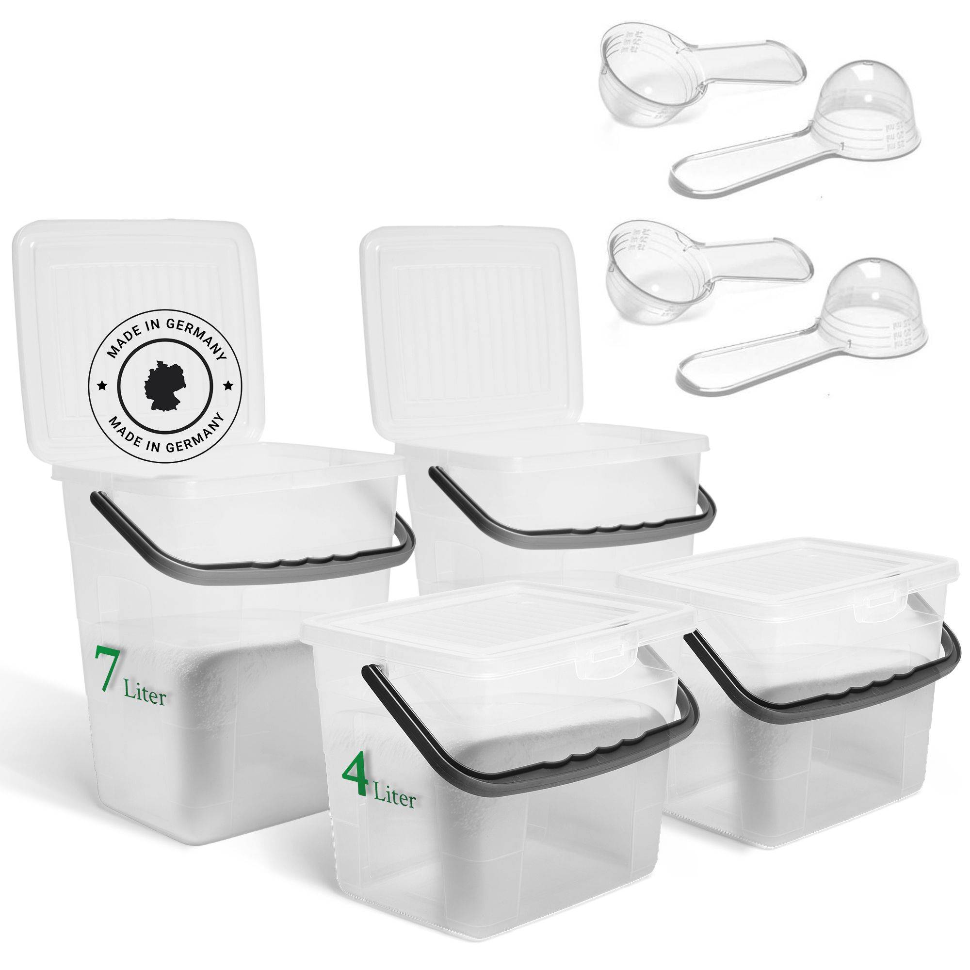 Novaliv Sparset 2x Waschmittelbox mit Deckel 4 Liter + 7 Liter Transparent und Dosierlöffel Box Waschpulver Aufbewahrungsbox mit Henkel Waschmittel