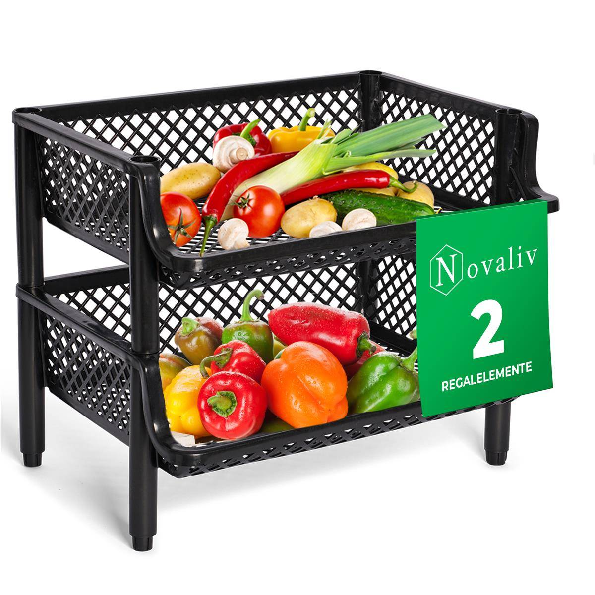 Novaliv 2 Stück Korbregal Schwarz Steckregal Stapelbar & Erweiterbar, Regale für Vorratsraum, Lebensmittelregal, Obstregal Keller Aufbewahrungssyste