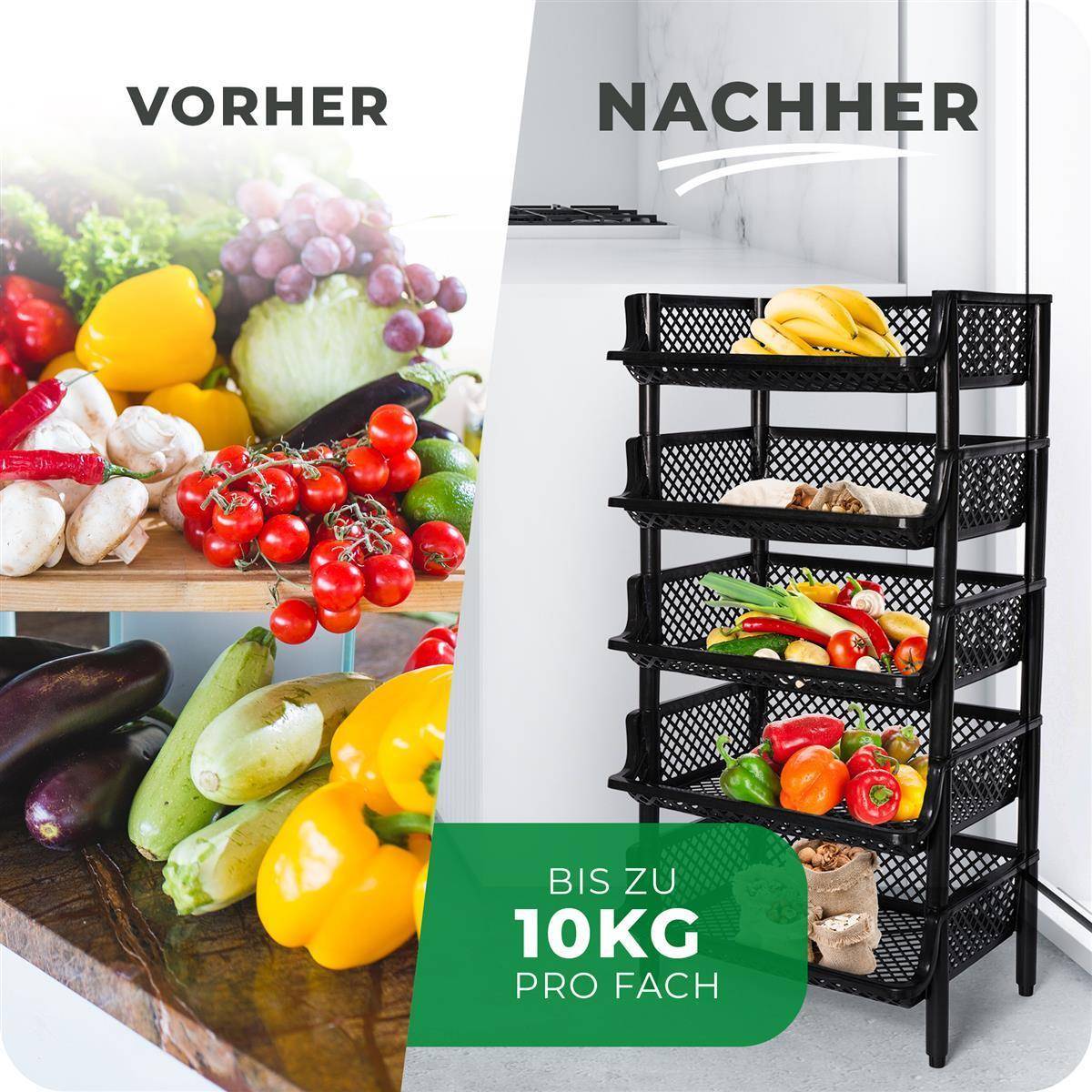 Novaliv 5 Stück Korbregal Schwarz Steckregal Stapelbar & Erweiterbar, Regale für Vorratsraum, Lebensmittelregal, Obstregal Keller Aufbewahrungssyste