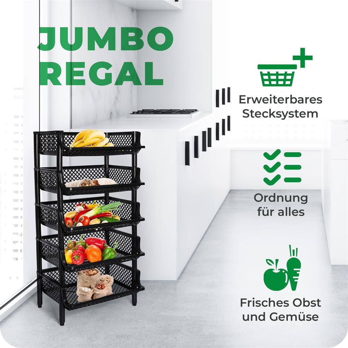 Novaliv 2 Stück Korbregal Schwarz Steckregal Stapelbar & Erweiterbar, Regale für Vorratsraum, Lebensmittelregal, Obstregal Keller Aufbewahrungssyste