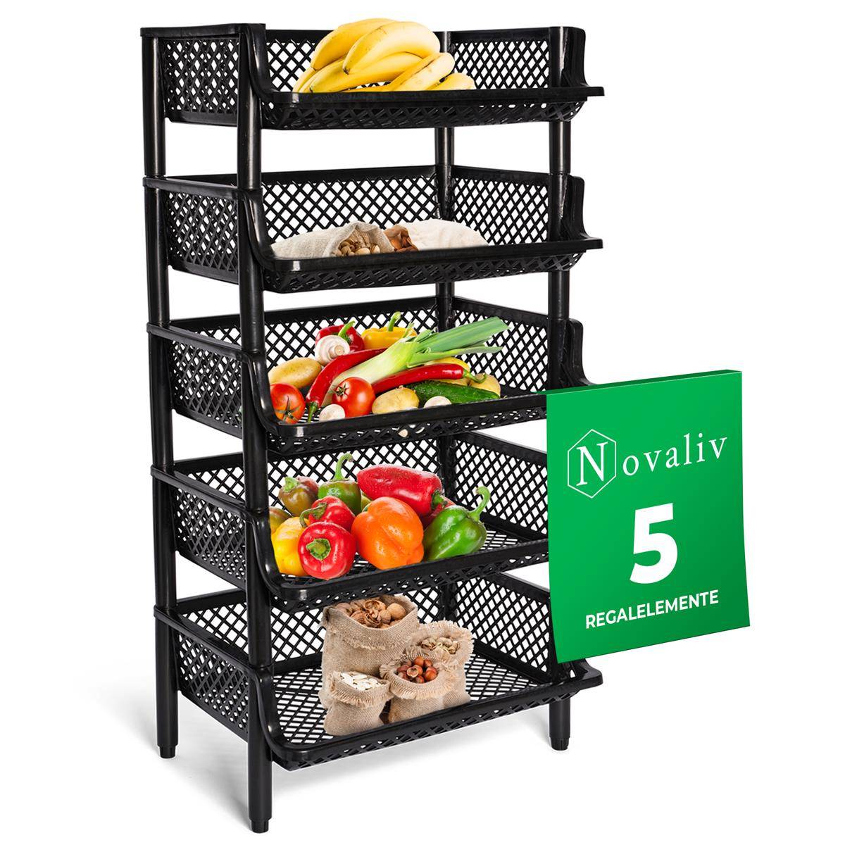 Novaliv 5 Stück Korbregal Schwarz Steckregal Stapelbar & Erweiterbar, Regale für Vorratsraum, Lebensmittelregal, Obstregal Keller Aufbewahrungssyste