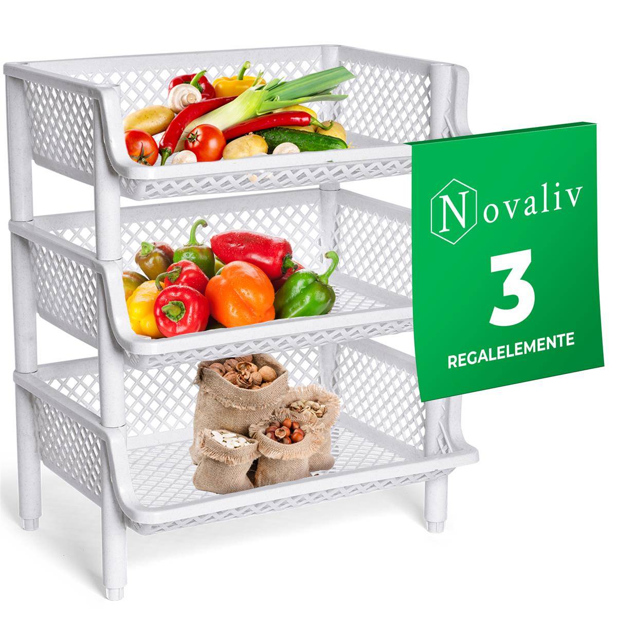 Novaliv 3 Stück Korbregal Weiß Steckregal Stapelbar & Erweiterbar, Regale für Vorratsraum, Lebensmittelregal, Obstregal Keller Aufbewahrungssystem