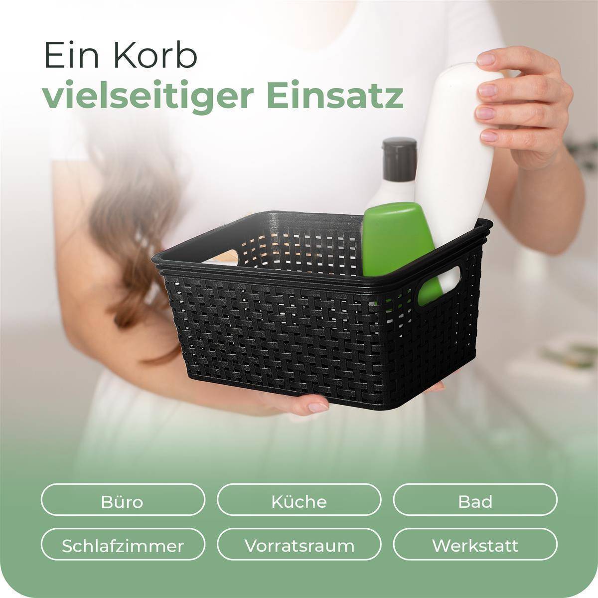 Novaliv 2er Set Eleganter Aufbewahrungskorb mit Holzdeckel in Rattan-Optik | Schwarz Lebensmittelecht Kunststoff 14L – Perfekt für Bad & Kleidungsa