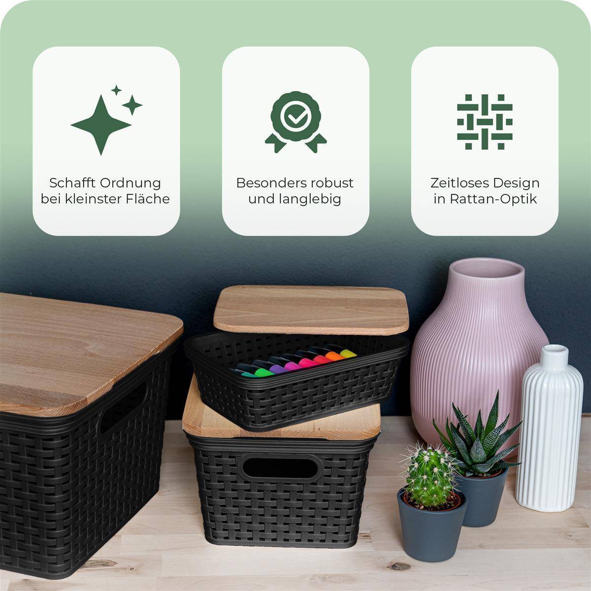 Novaliv 3er Set Lebensmittelechte Körbe Küche Aufbewahrung 2L Schwarz Kunststoff Rattan-Optik Küche Aufbewahrung & Organisation BPA-Freie Lebensmit