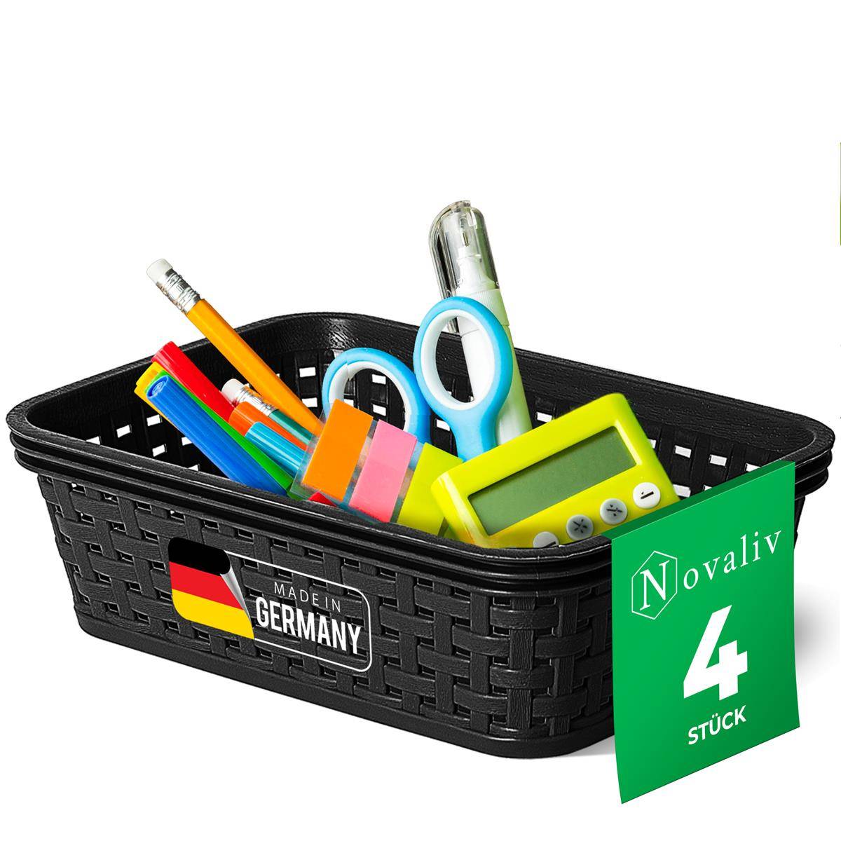 Novaliv 4 Stück Elegante Aufbewahrungskörbe in Rattan-Optik | Schwarz Kunststoff 1L – für Büro und Zuhause. Vielseitige Kisten zur Aufbewahrung.