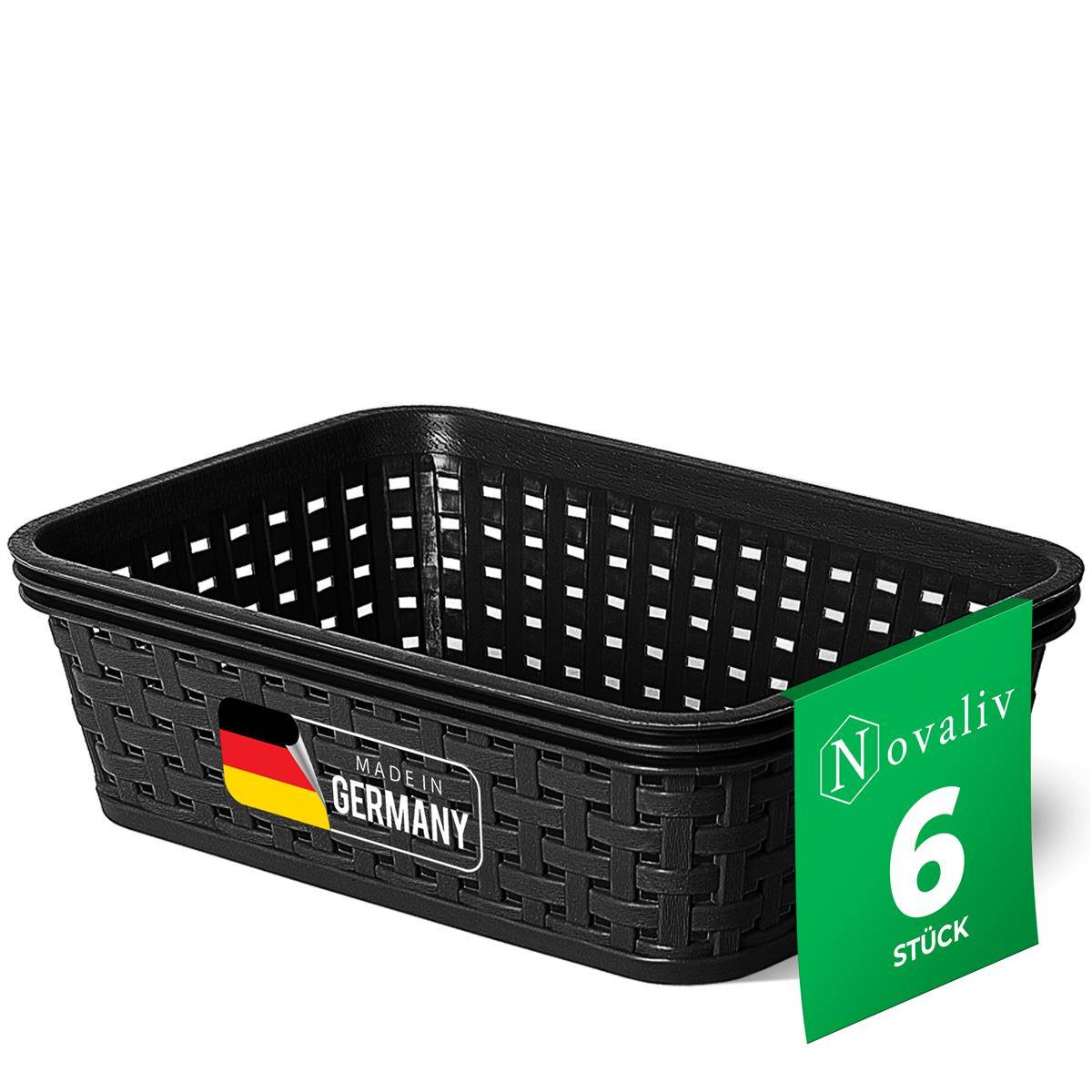 Novaliv 6x Aufbewahrungskorb in Rattan-Optik ohne Deckel | Schwarz Kunststoff 1L Nestbar Storage boxes BPA-frei Ideale Aufbewahrungsbox Organizer