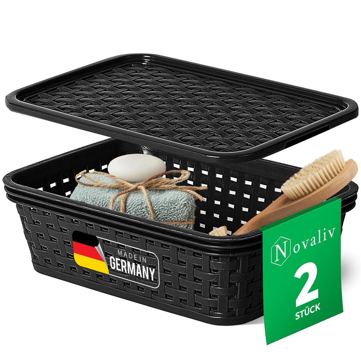 Novaliv 2er Set Eleganter Aufbewahrungskorb mit Deckel in Rattan-Optik | Schwarz Lebensmittelecht Kunststoff 1L – Perfekt für Bad & Kleidungsaufbew