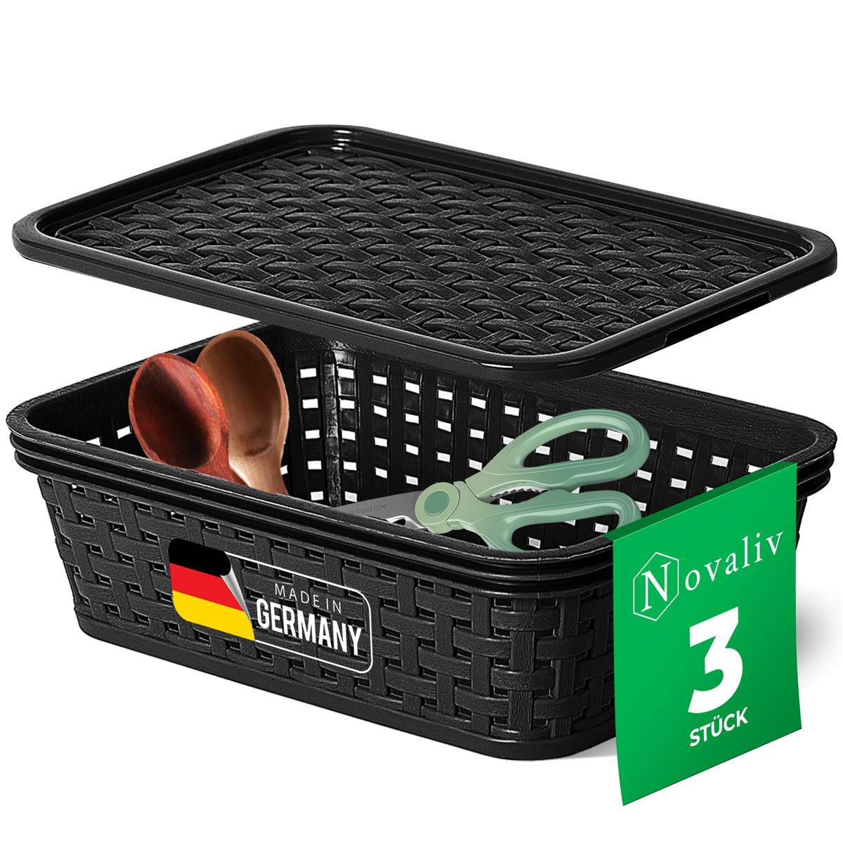 Novaliv 3er Set Aufbewahrungsbox mit Deckel Küche 1L Schwarz Kunststoff Rattan-Optik Küche Aufbewahrung & Organisation BPA-Freie Schrank Organizer