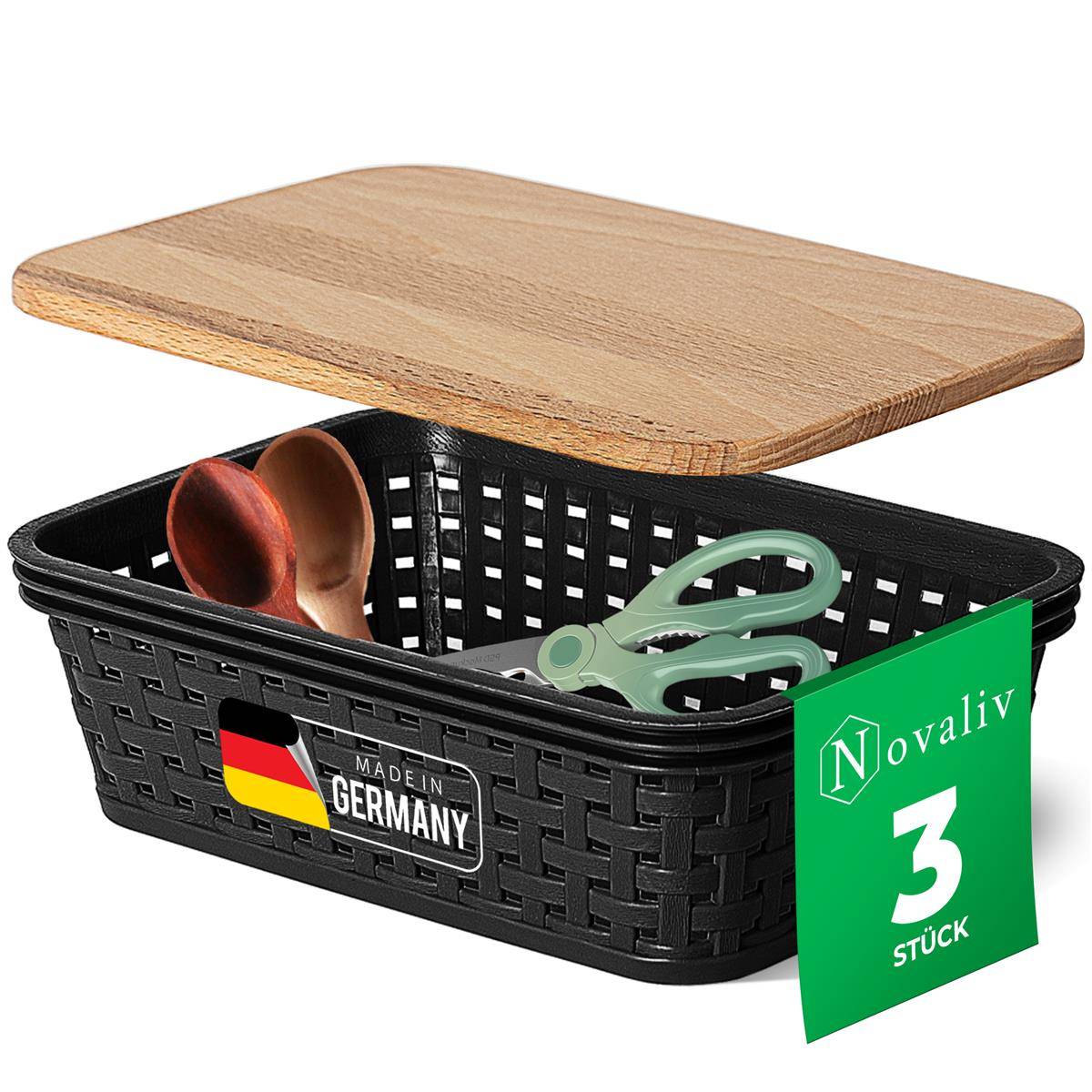 Novaliv 3er Set Aufbewahrungsbox mit Holzdeckel Küche 1L Schwarz Kunststoff Rattan-Optik Küche Aufbewahrung & Organisation BPA-Freie Schrank Organiz