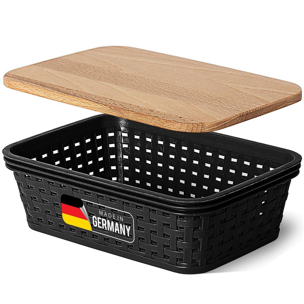 Novaliv Aufbewahrungsbox mit Holzdeckel Mini 1L Korb Schwarz in Rattan Design Lebensmittelecht Aufbewahrungskorb Stapelbox Nestbar Kunststoff