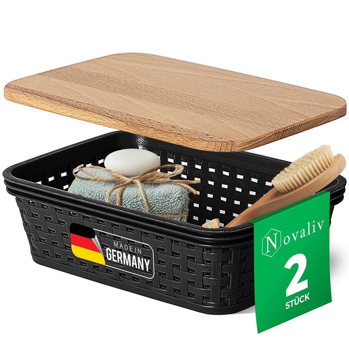 Novaliv 2er Set Eleganter Aufbewahrungskorb mit Holzdeckel in Rattan-Optik | Schwarz Lebensmittelecht Kunststoff 1L – Perfekt für Bad & Kleidungsau
