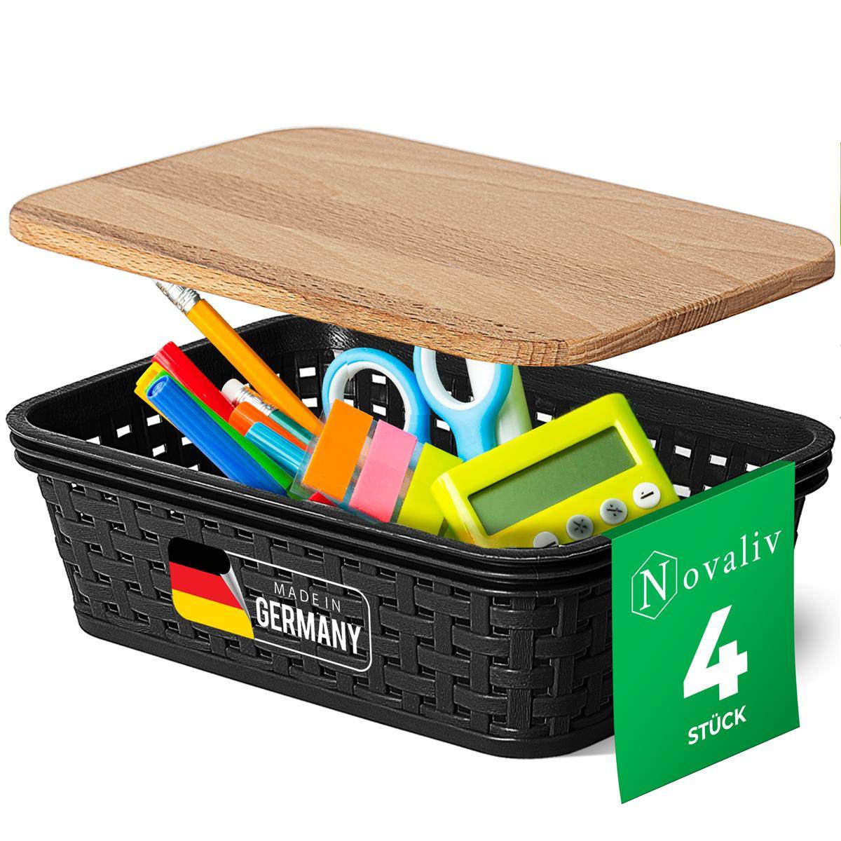 Novaliv 4er Set Elegante Aufbewahrungskörbe mit Holzdeckel Rattan-Optik | Schwarz Lebensmittelecht Kunststoff 1L – für Büro und Zuhause. Vielseit
