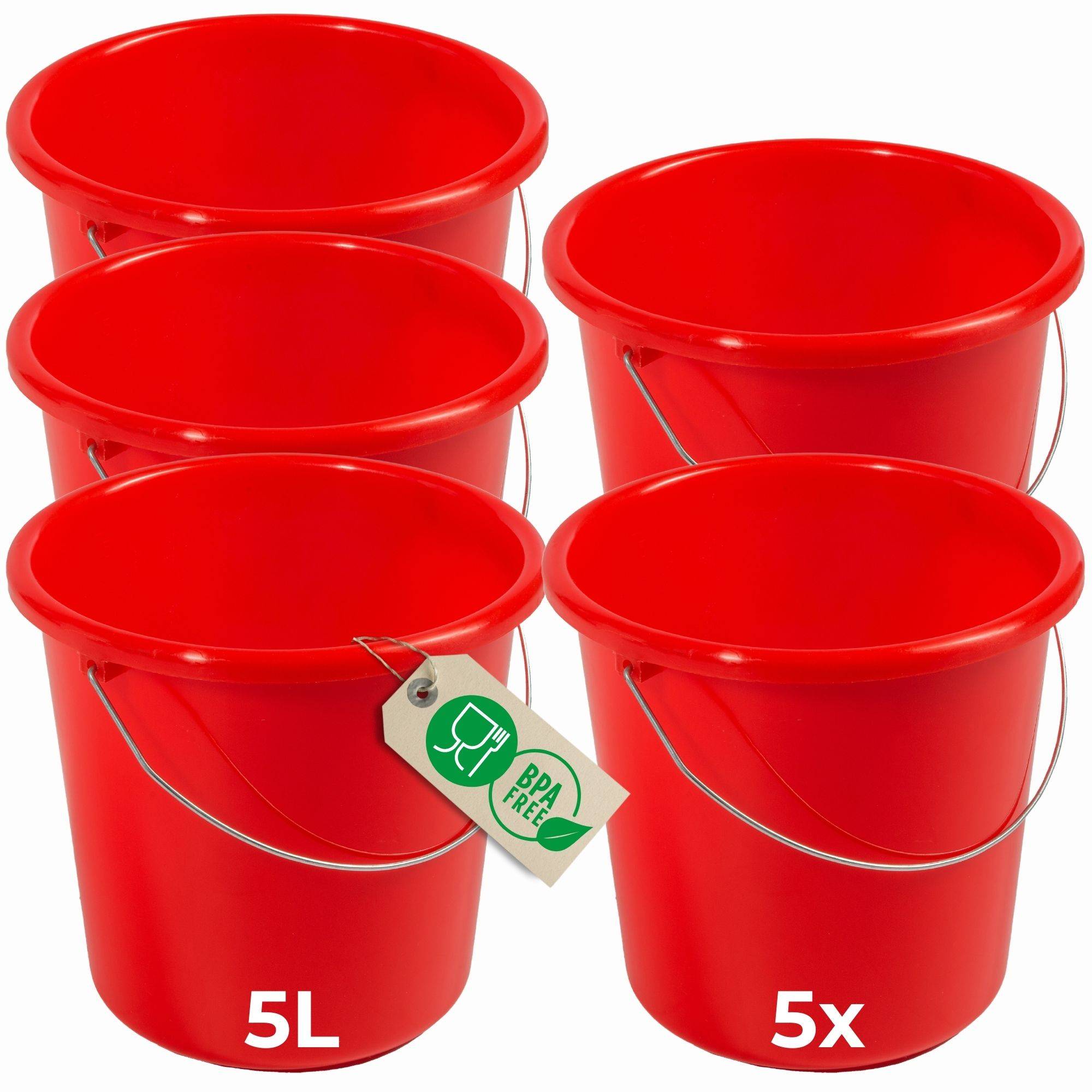 Novaliv 5 Stück Eimer 5L Rot mit Maßeinteilung - Putzeimer 5 Liter ⌀ 22,5 cm Praktischer Allrounder mit Skala für Haushalt & Garten ideal als Hau