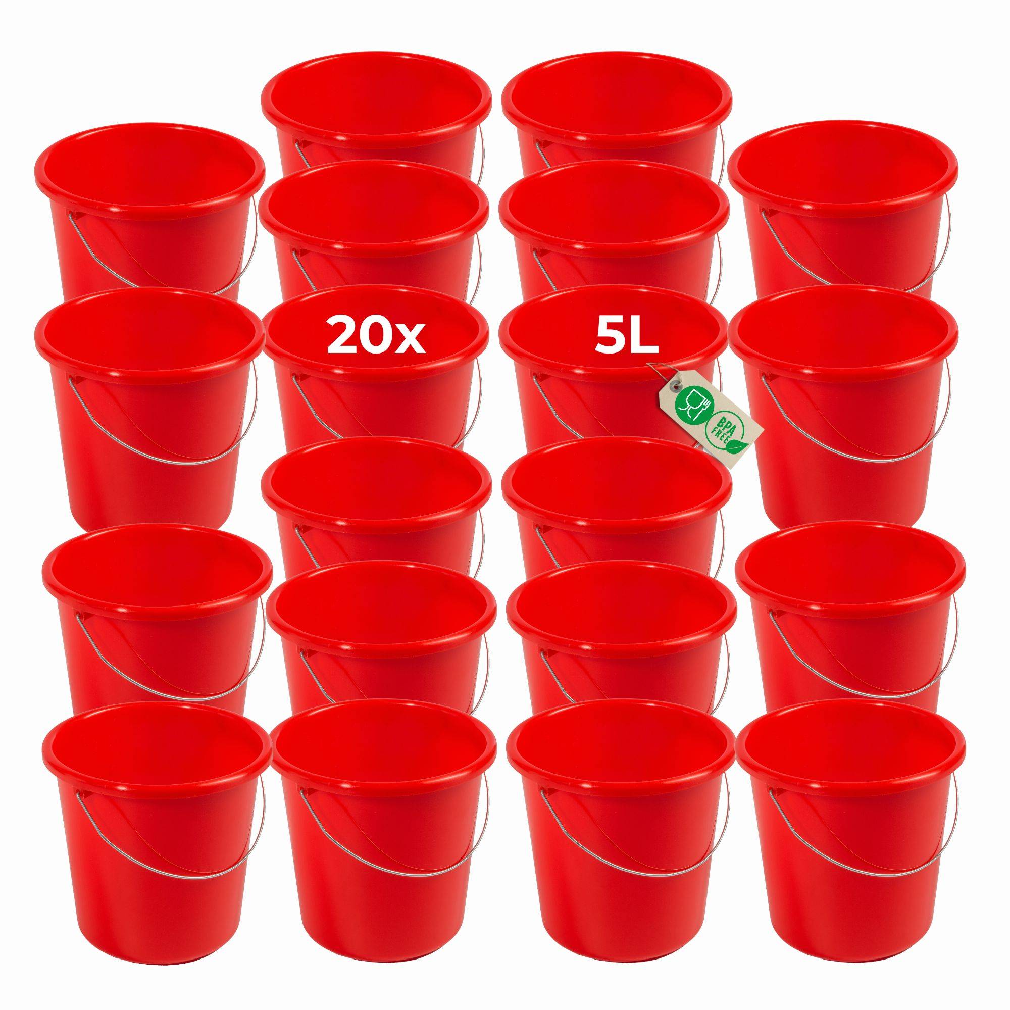 Novaliv 20 Stück Eimer 5L Rot mit Maßeinteilung - Putzeimer 5 Liter ⌀ 22,5 cm Praktischer Allrounder mit Skala für Haushalt & Garten ideal als Ha