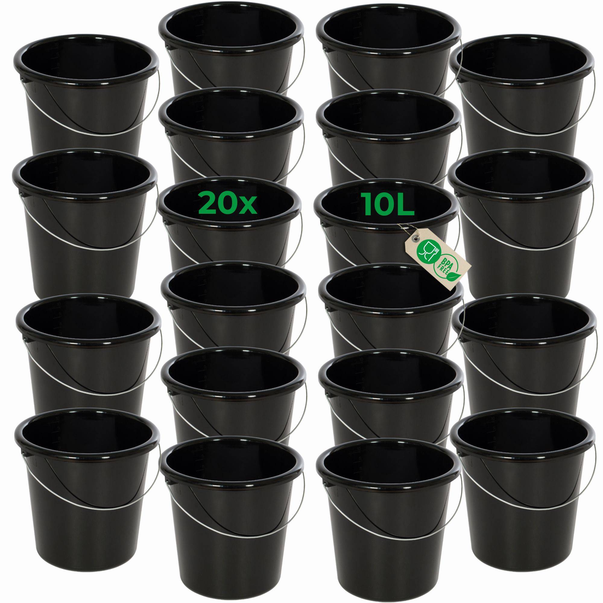 Novaliv 20 Stück Eimer 10L Schwarz mit Maßeinteilung - Putzeimer 10 Liter ⌀ 28,5 cm Praktischer Allrounder mit Skala für Haushalt & Garten ideal