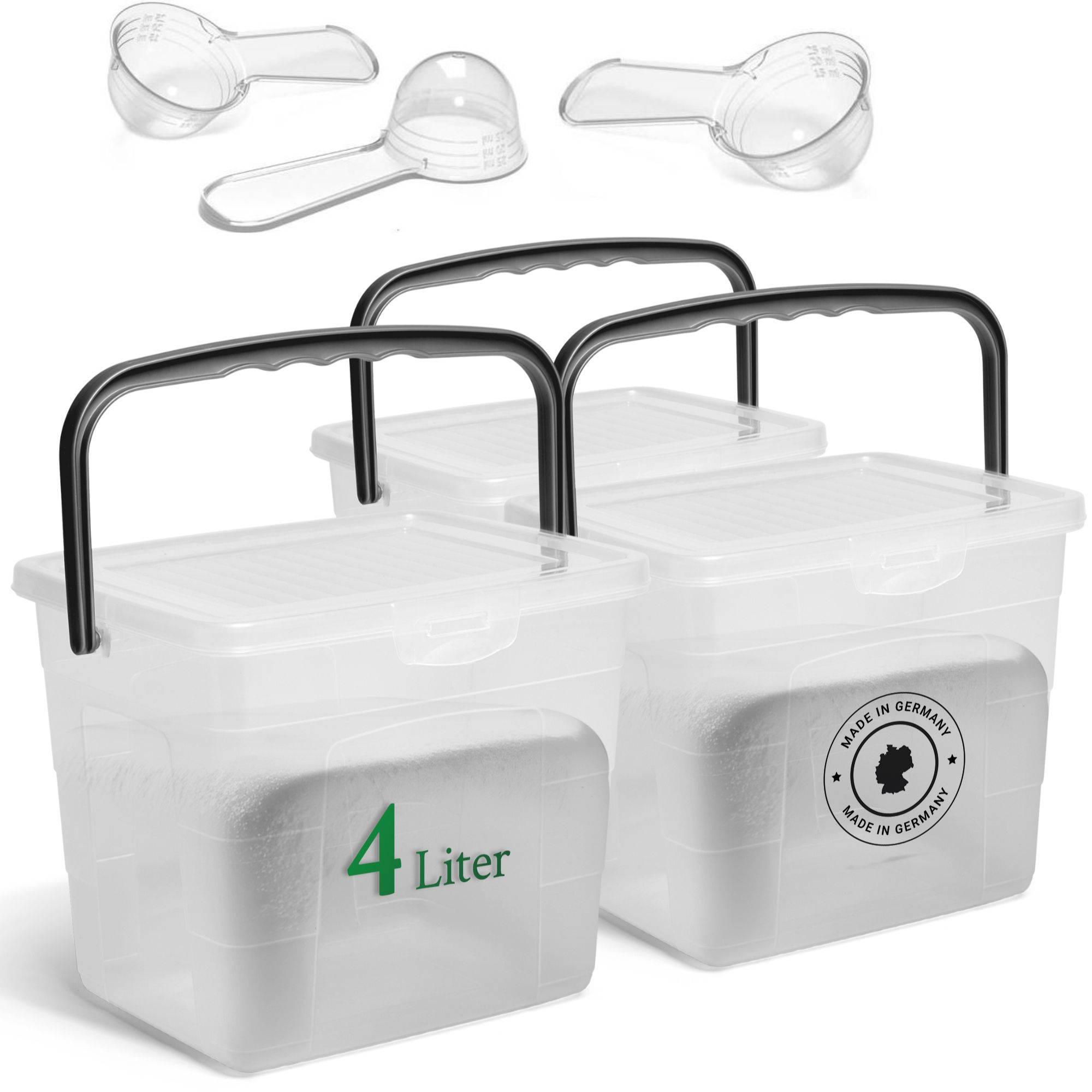 Novaliv 3x Waschmittelbox mit Deckel 4 Liter Transparent und Dosierlöffel 23,5 x 18 x 18,5 cm Waschpulver Aufbewahrungsbox mit Henkel Waschmittel
