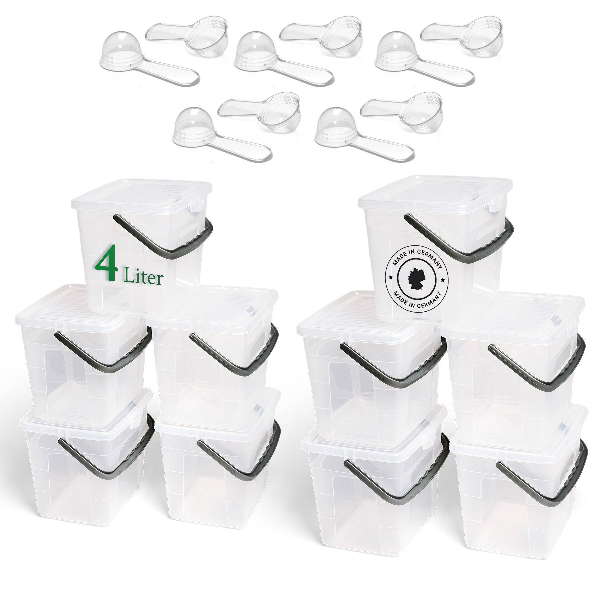 Novaliv 10x Waschmittelbox mit Deckel 4 Liter Transparent und Dosierlöffel 23,5 x 18 x 18,5 cm Waschpulver Aufbewahrungsbox mit Henkel Waschmittel