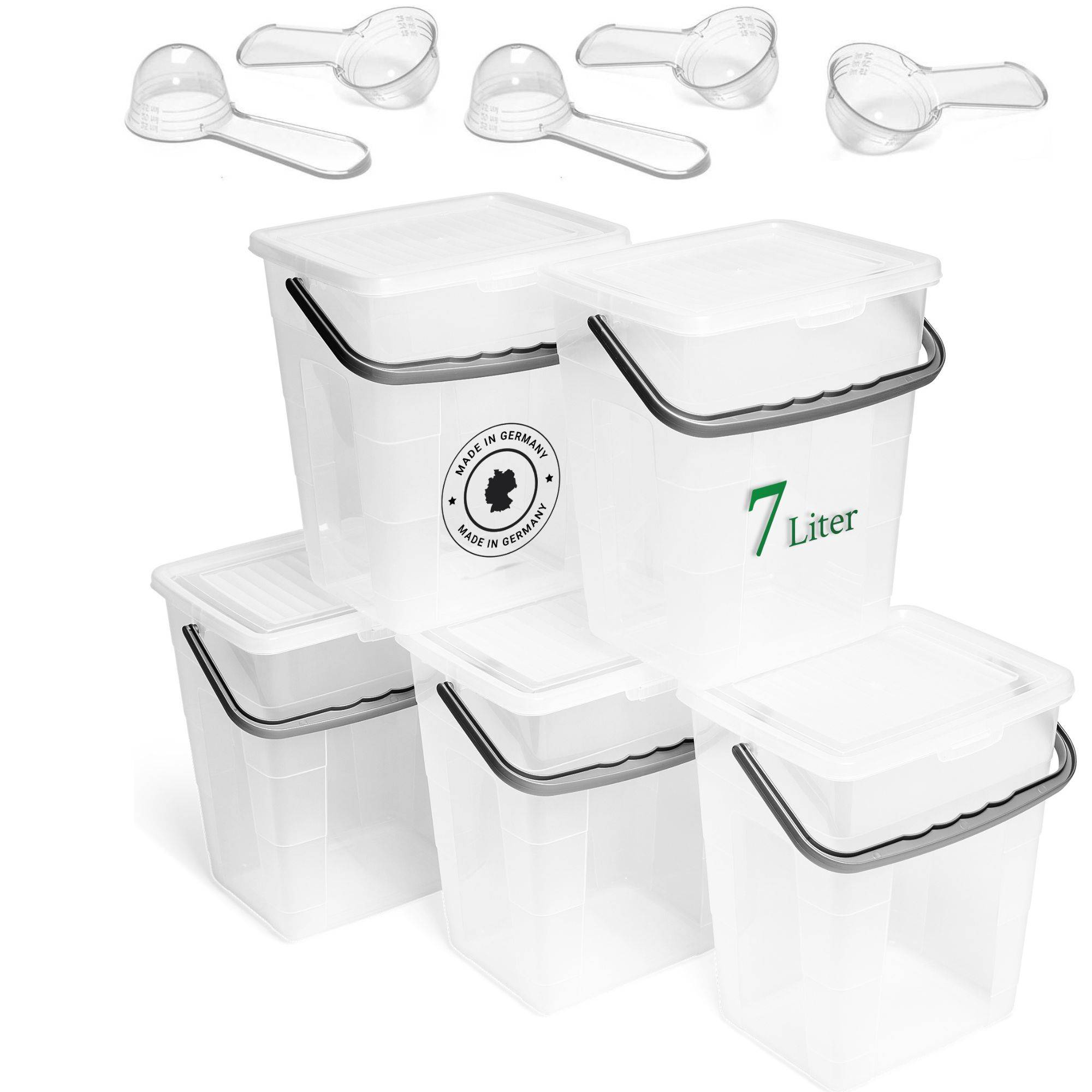 Novaliv 5x Waschmittelbox mit Deckel 7 Liter Transparent und Dosierlöffel 23,5 x 18 x 26,5 cm Waschpulver Aufbewahrungsbox mit Henkel Waschmittel