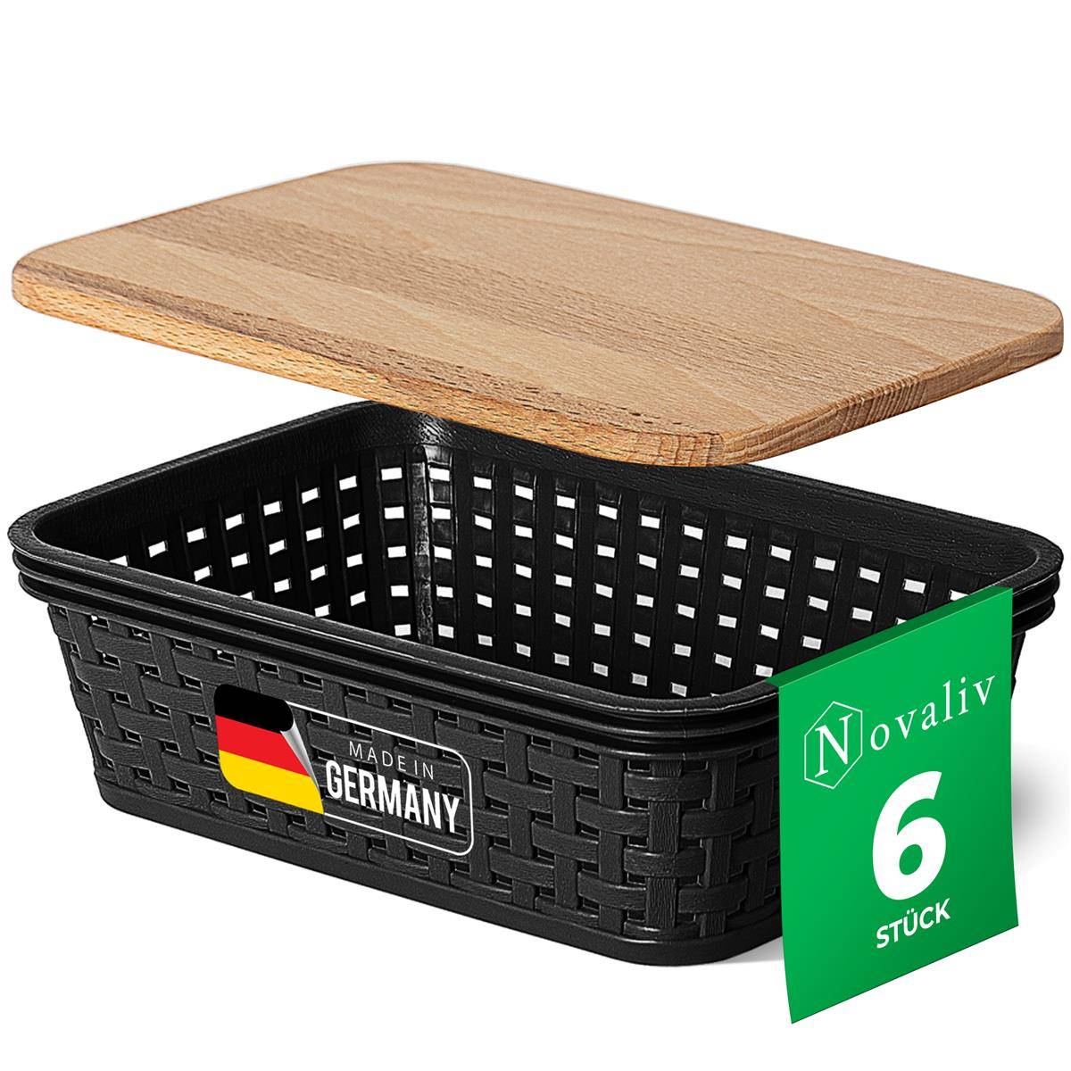 Novaliv 6er Set Aufbewahrungsboxen mit Holzdeckel Mini 1L Korb Schwarz in Rattan Design Lebensmittelecht Aufbewahrungskorb Stapelboxen Nestbar