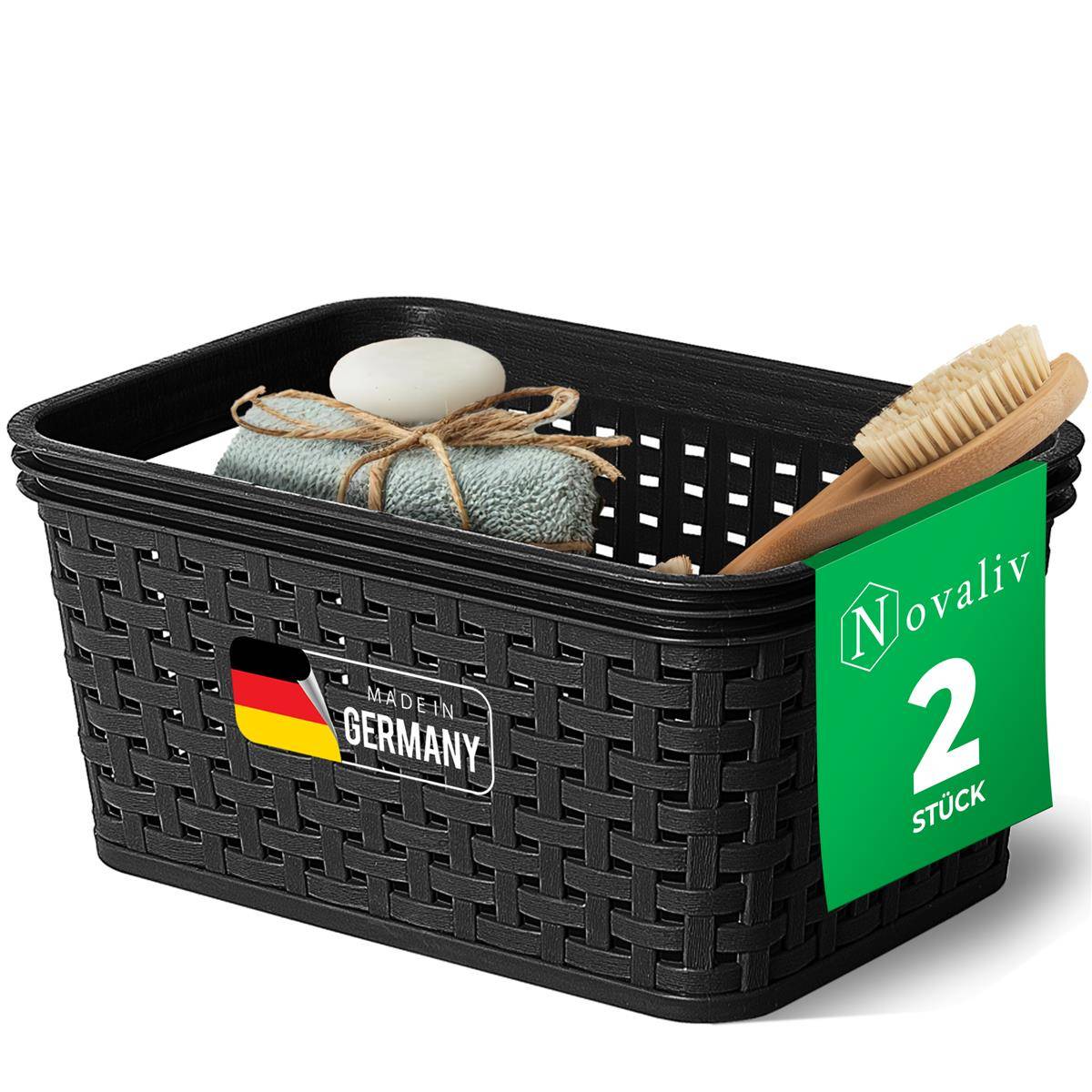Novaliv 2 Stück Eleganter Aufbewahrungskorb in Rattan-Optik | Schwarz Kunststoff 2L – Perfekt für Bad & Kleidungsaufbewahrung. Aufbewahrungsbox Ba