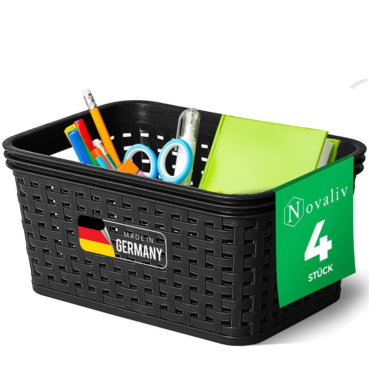 Novaliv 4 Stück Elegante Aufbewahrungskörbe in Rattan-Optik | Schwarz Kunststoff 2L – für Büro und Zuhause. Vielseitige Kisten zur Aufbewahrung.