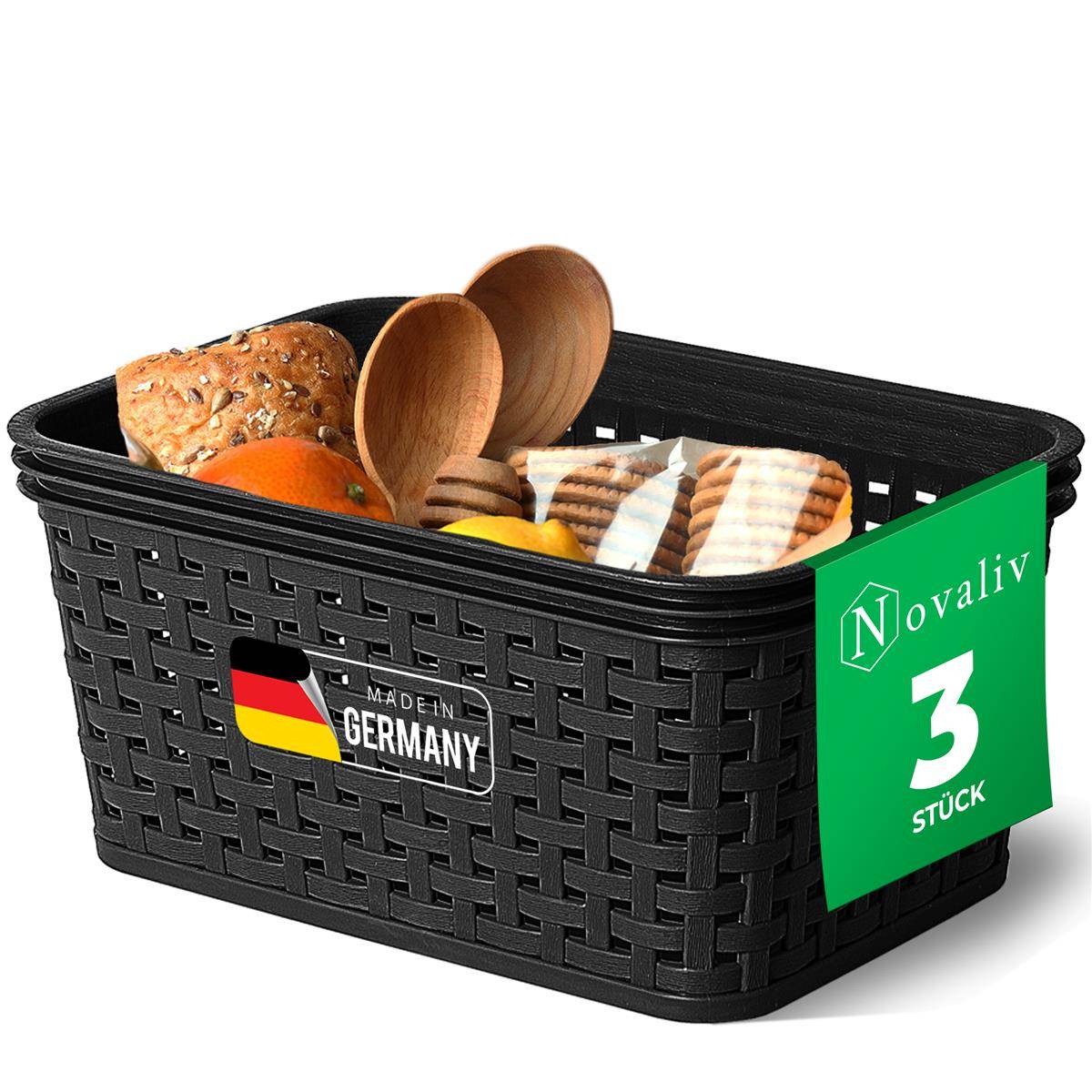 Novaliv 3er Set Lebensmittelechte Körbe Küche Aufbewahrung 2L Schwarz Kunststoff Rattan-Optik Küche Aufbewahrung & Organisation BPA-Freie Lebensmit