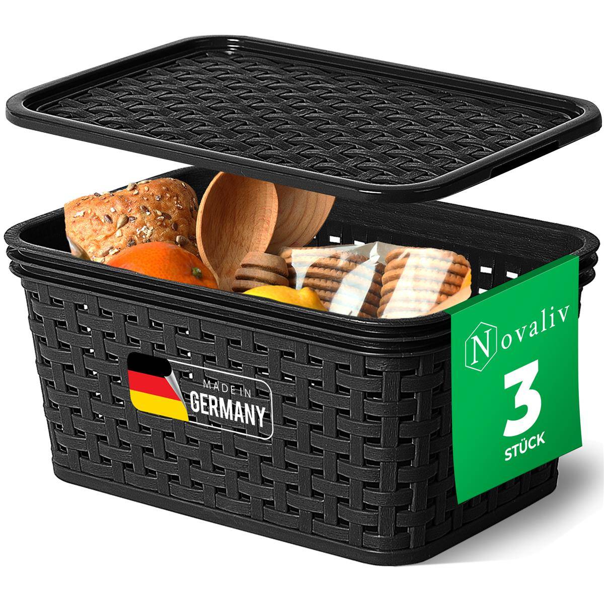 Novaliv 3er Set Aufbewahrungsbox mit Deckel Küche 2L Schwarz Kunststoff Rattan-Optik Küche Aufbewahrung & Organisation BPA-Freie Schrank Organizer