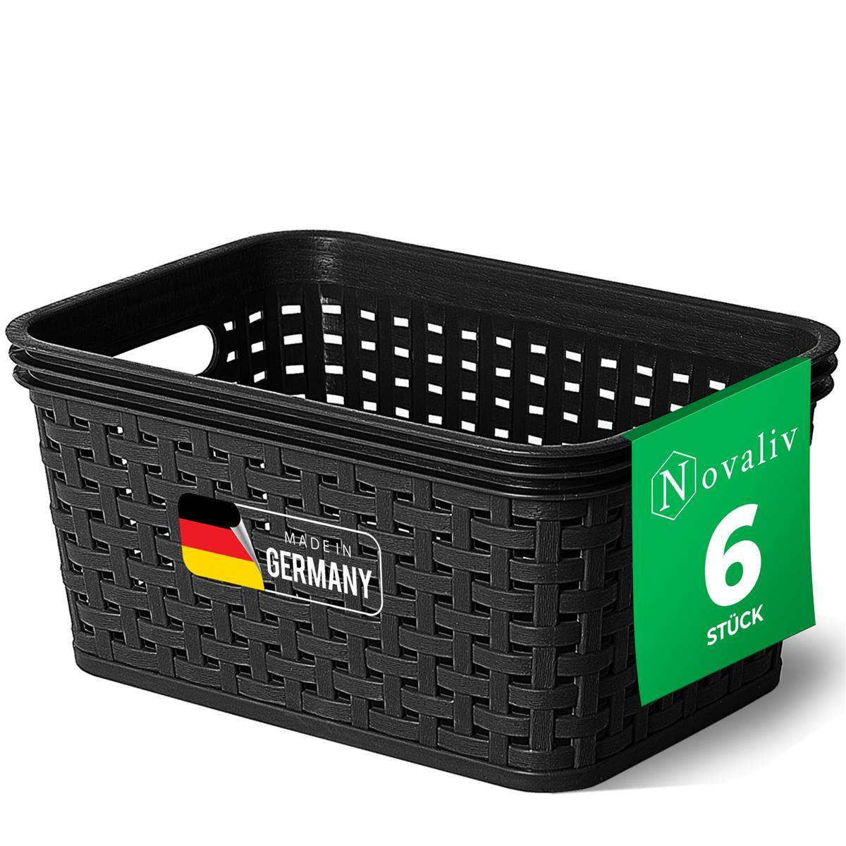 Novaliv 6x Aufbewahrungskorb in Rattan-Optik ohne Deckel | Schwarz Kunststoff 2L Nestbar Storage boxes BPA-frei Ideale Aufbewahrungsbox Organizer