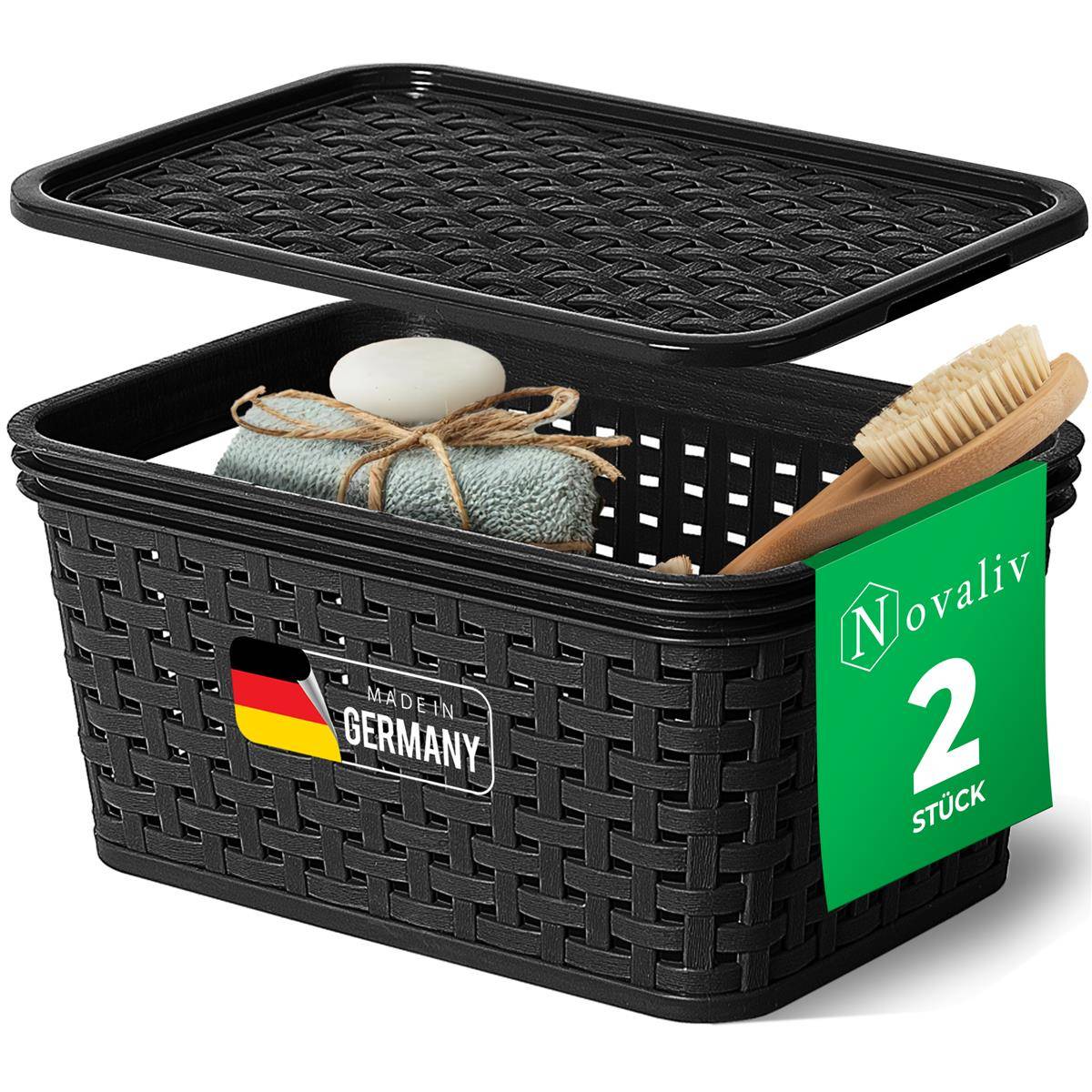 Novaliv 2er Set Eleganter Aufbewahrungskorb mit Deckel in Rattan Optik | Schwarz Lebensmittelecht Kunststoff 1L Perfekt für Bad