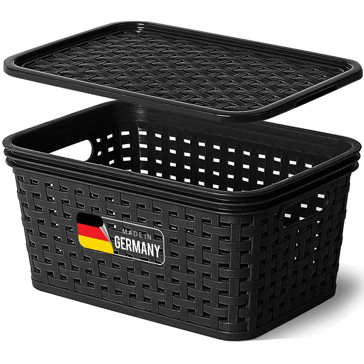 Novaliv Aufbewahrungsbox mit Deckel Mini 2L Korb Schwarz in Rattan Design Lebensmittelecht Aufbewahrungskorb Stapelbox Nestbar Kunststoff BPA-frei