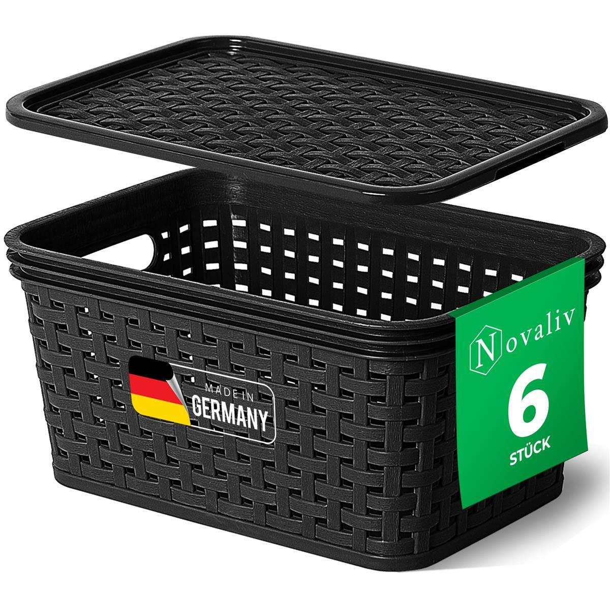 Novaliv 6er Set Aufbewahrungsboxen mit Deckel Mini 2L Korb Schwarz in Rattan Design Lebensmittelecht Aufbewahrungskorb Stapelboxen Nestbar