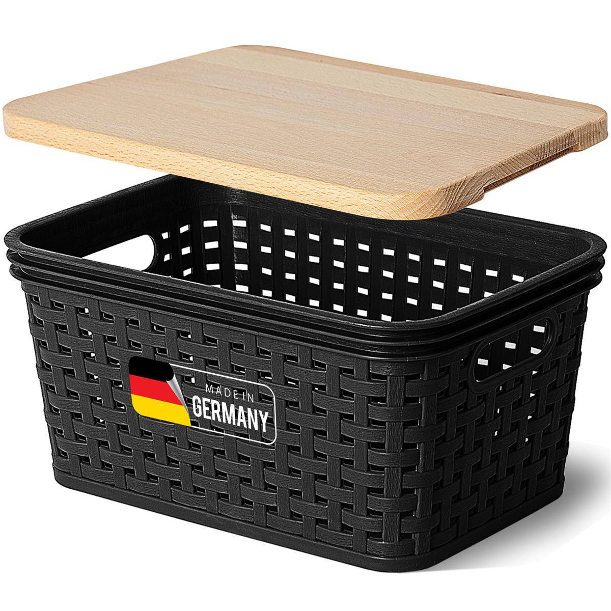 Novaliv Aufbewahrungsbox mit Holzdeckel Mini 2L Korb Schwarz in Rattan Design Lebensmittelecht Aufbewahrungskorb Stapelbox Nestbar Kunststoff