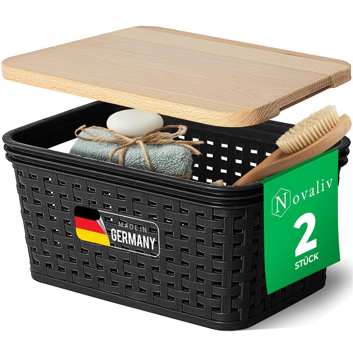 Novaliv 2er Set Eleganter Aufbewahrungskorb mit Holzdeckel in Rattan-Optik | Schwarz Lebensmittelecht Kunststoff 2L – Perfekt für Bad & Kleidungsau