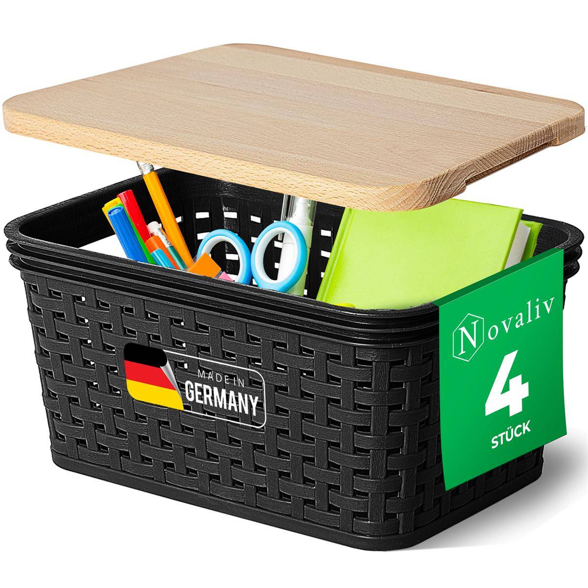 Novaliv 4er Set Elegante Aufbewahrungskörbe mit Holzdeckel Rattan-Optik | Schwarz Lebensmittelecht Kunststoff 2L – für Büro und Zuhause. Vielseit