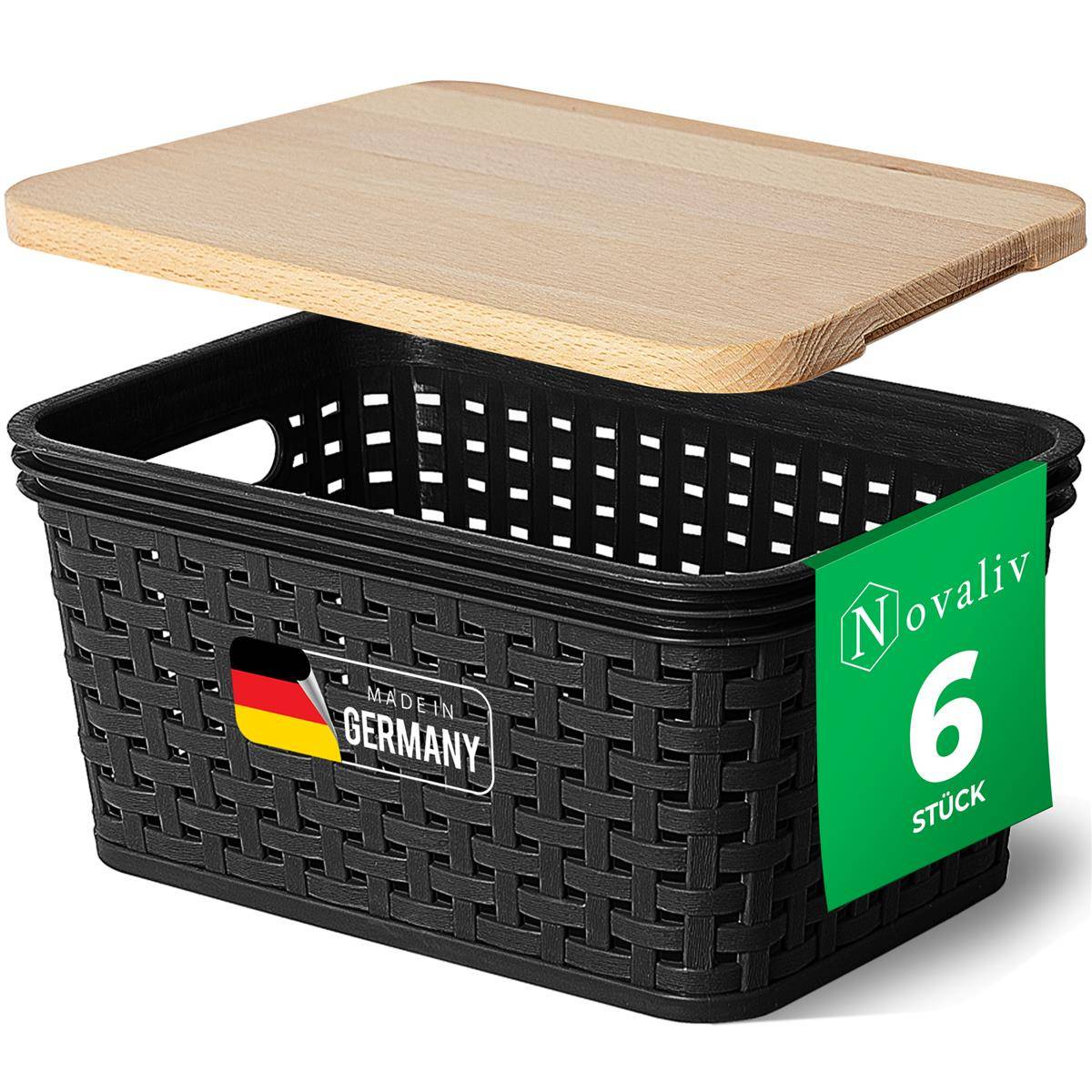 Novaliv 6er Set Aufbewahrungsboxen mit Holzdeckel Mini 2L Korb Schwarz in Rattan Design Lebensmittelecht Aufbewahrungskorb Stapelboxen Nestbar