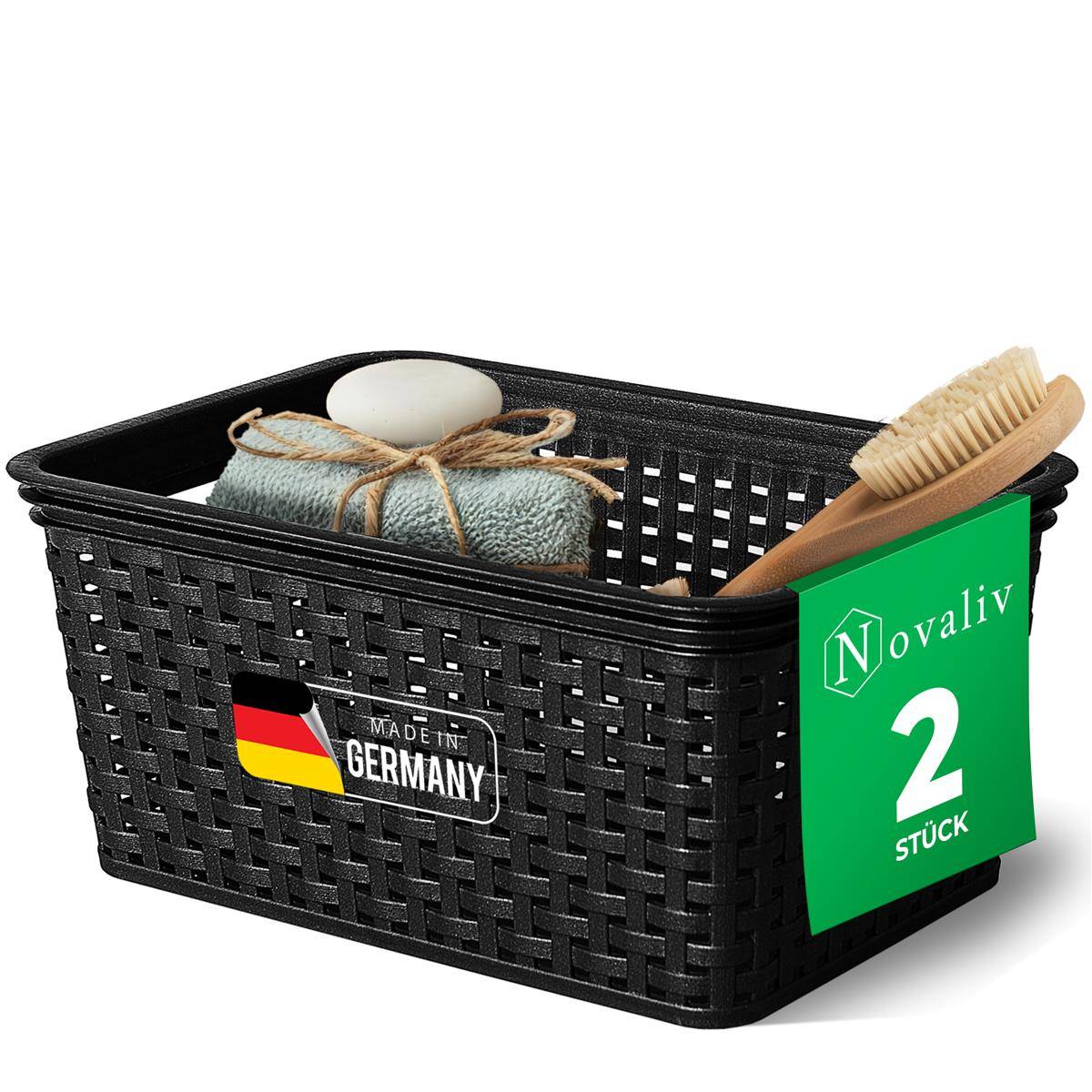 Novaliv 2 Stück Eleganter Aufbewahrungskorb in Rattan-Optik | Schwarz Kunststoff 5L – Perfekt für Bad & Kleidungsaufbewahrung. Aufbewahrungsbox Ba