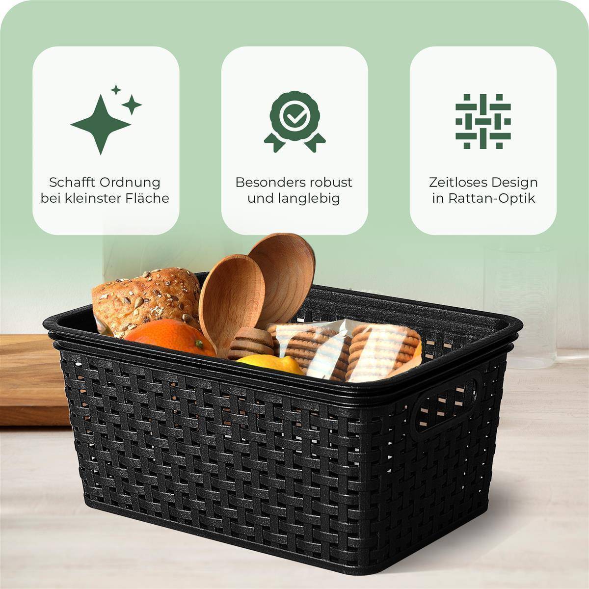 Novaliv Aufbewahrungsbox mit Deckel Klein 5L Korb Schwarz in Rattan Design Lebensmittelecht Aufbewahrungskorb Stapelbox Nestbar Kunststoff BPA-frei