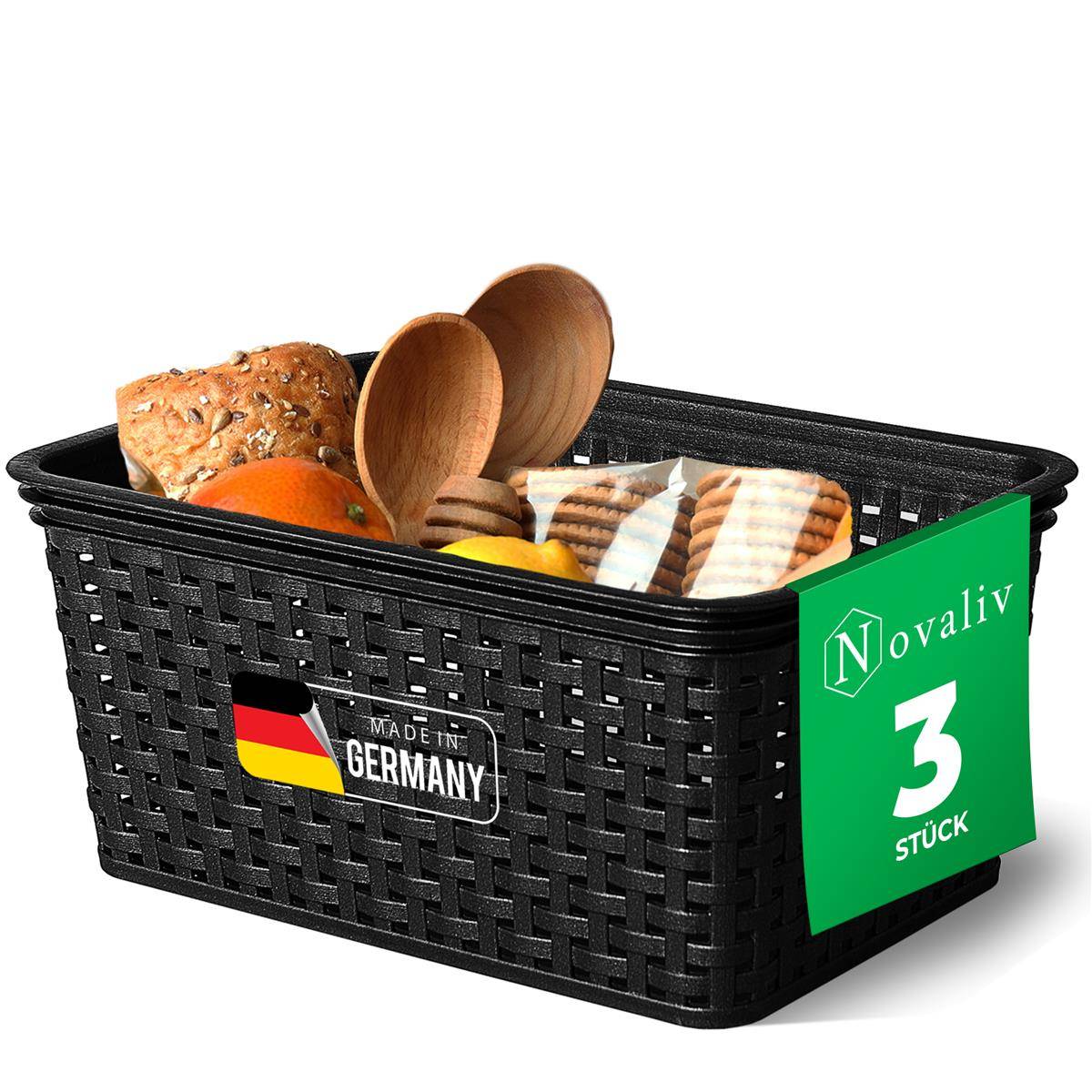 Novaliv 3er Set Lebensmittelechte Körbe Küche Aufbewahrung 5L Schwarz Kunststoff Rattan-Optik Küche Aufbewahrung & Organisation BPA-Freie Lebensmit