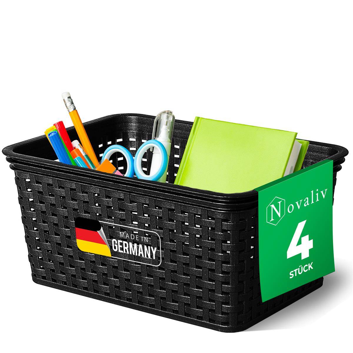 Novaliv 4 Stück Elegante Aufbewahrungskörbe in Rattan-Optik | Schwarz Kunststoff 5L – für Büro und Zuhause. Vielseitige Kisten zur Aufbewahrung.