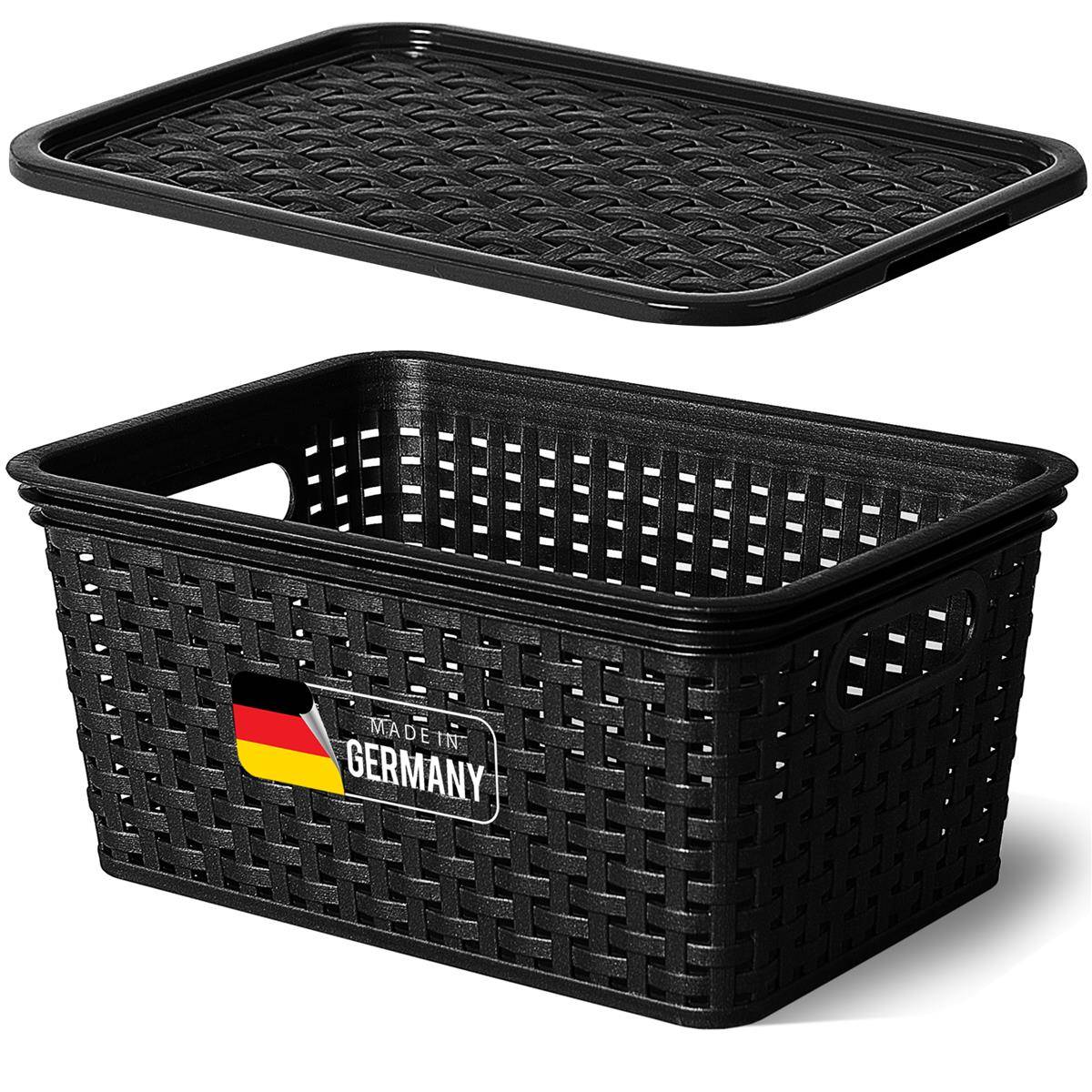 Novaliv Aufbewahrungsbox mit Deckel Klein 5L Korb Schwarz in Rattan Design Lebensmittelecht Aufbewahrungskorb Stapelbox Nestbar Kunststoff BPA-frei