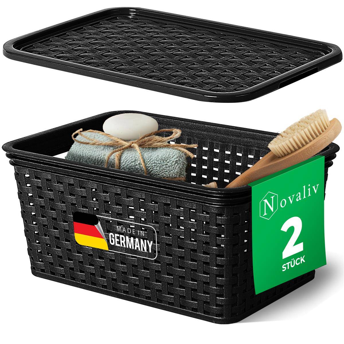 Novaliv 2er Set Eleganter Aufbewahrungskorb mit Deckel in Rattan-Optik | Schwarz Lebensmittelecht Kunststoff 5L – Perfekt für Bad & Kleidungsaufbew