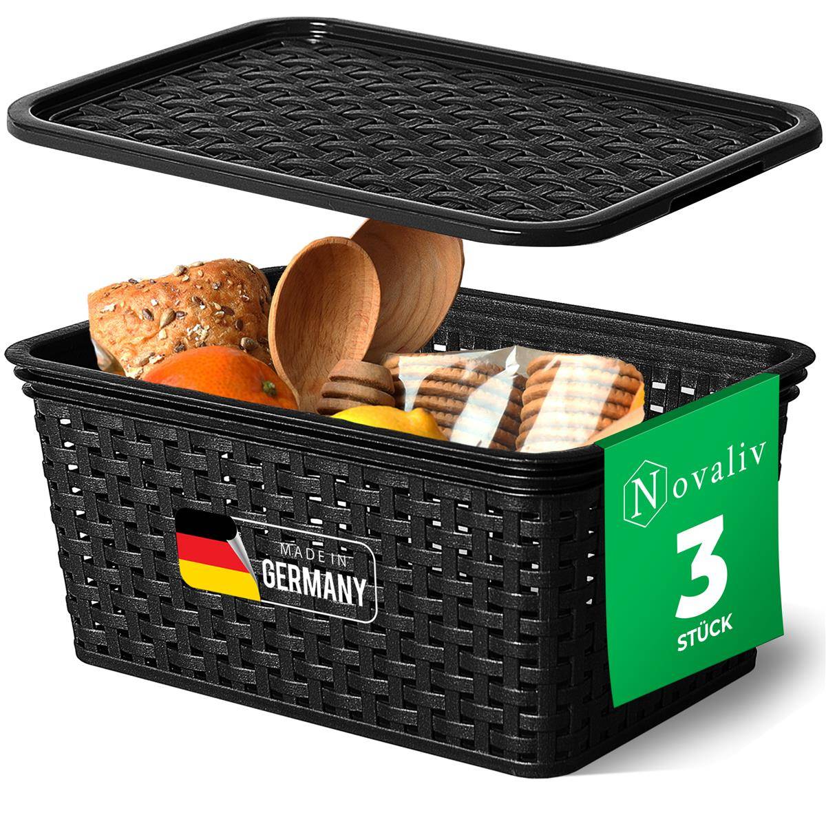 Novaliv 3er Set Aufbewahrungsbox mit Deckel Küche 5L Schwarz Kunststoff Rattan-Optik Küche Aufbewahrung & Organisation BPA-Freie Schrank Organizer