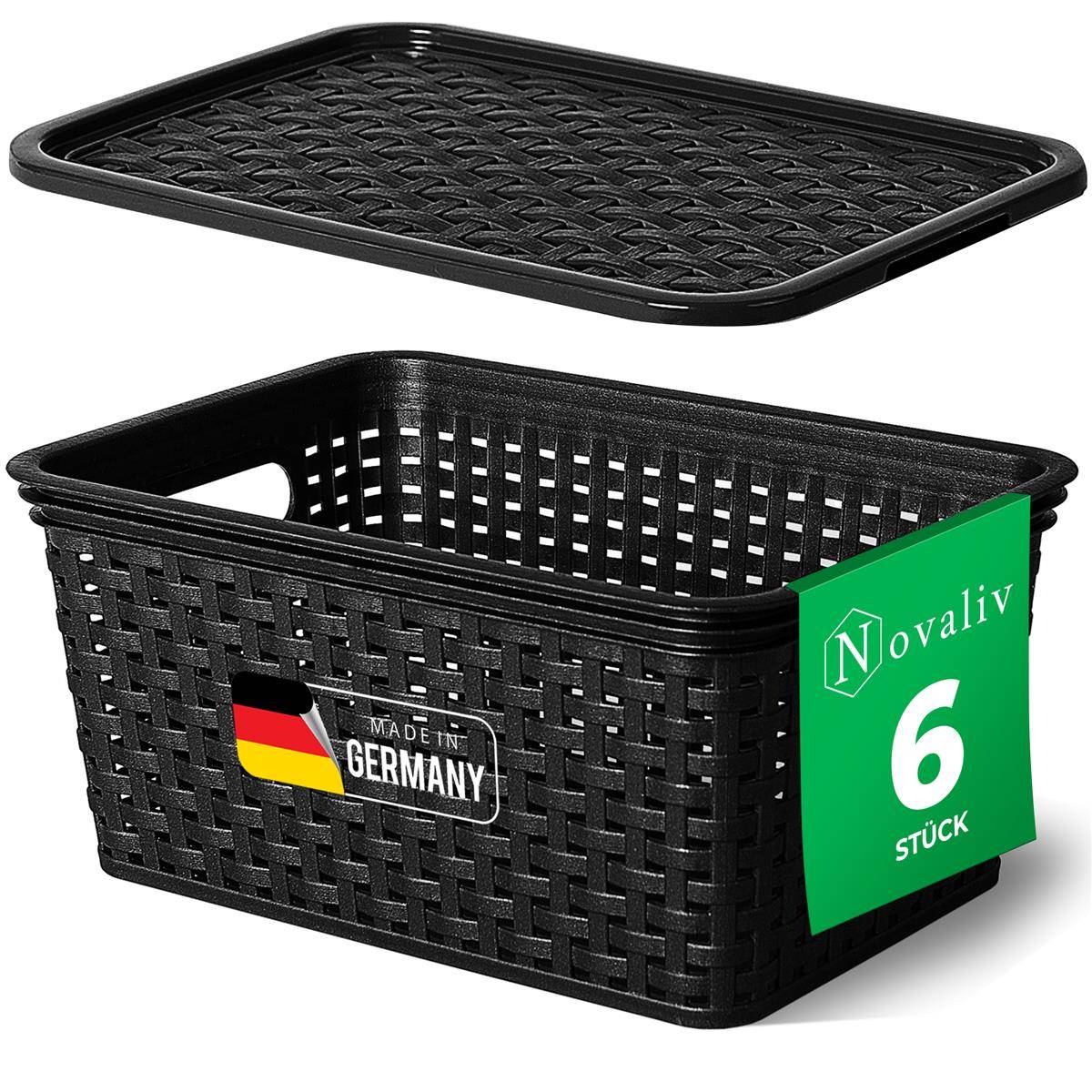 Novaliv 6er Set Aufbewahrungsboxen mit Deckel Klein 5L Korb Schwarz in Rattan Design Lebensmittelecht Aufbewahrungskorb Stapelboxen Nestbar