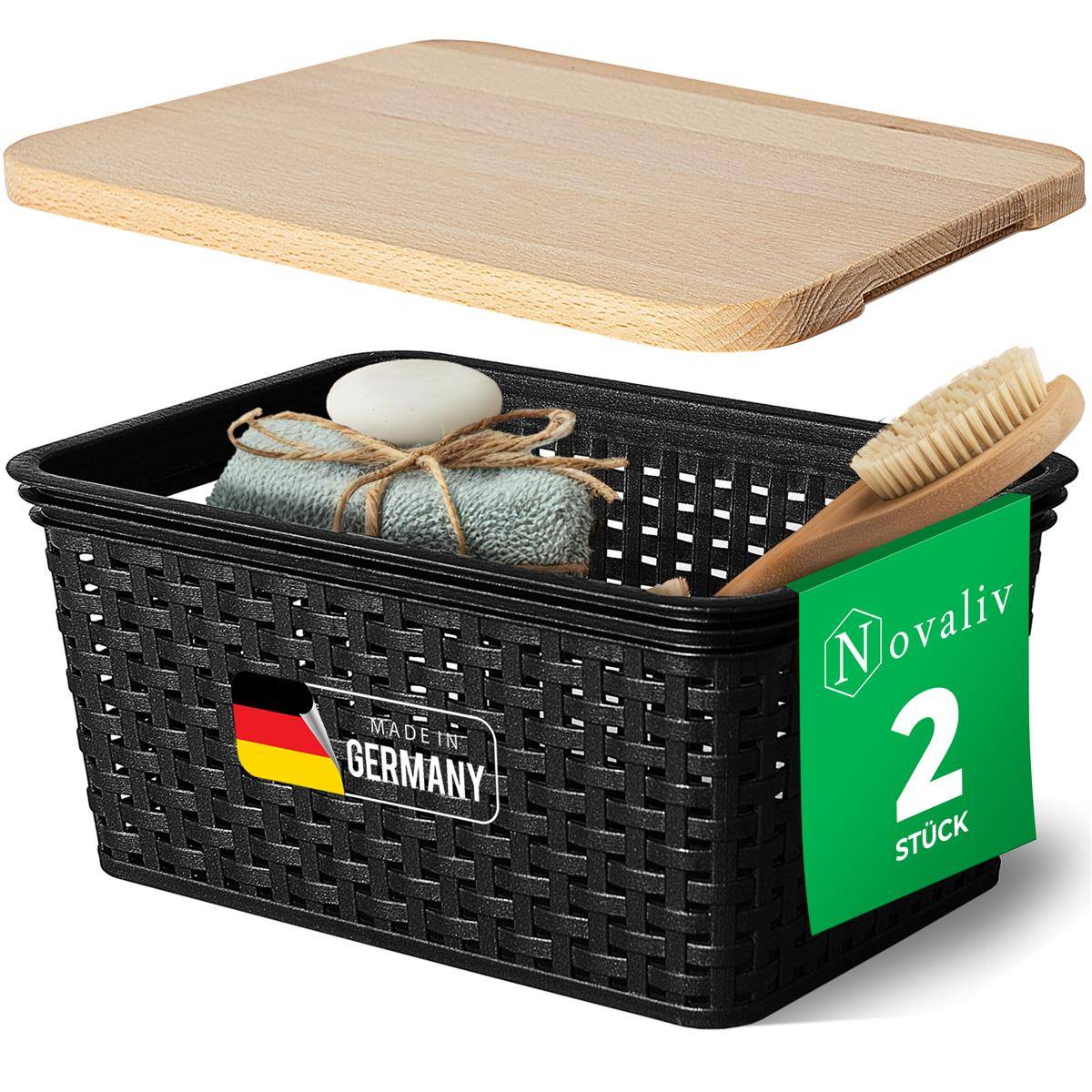 Novaliv 2er Set Eleganter Aufbewahrungskorb mit Holzdeckel in Rattan-Optik | Schwarz Lebensmittelecht Kunststoff 5L – Perfekt für Bad & Kleidungsau