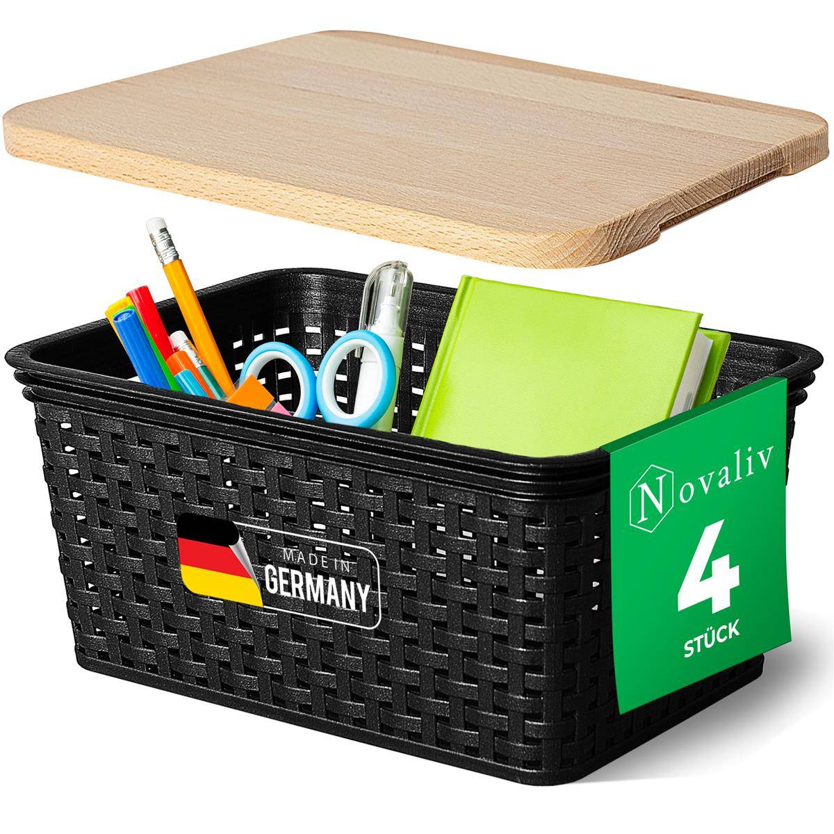 Novaliv 4er Set Elegante Aufbewahrungskörbe mit Holzdeckel Rattan-Optik | Schwarz Lebensmittelecht Kunststoff 5L – für Büro und Zuhause. Vielseit