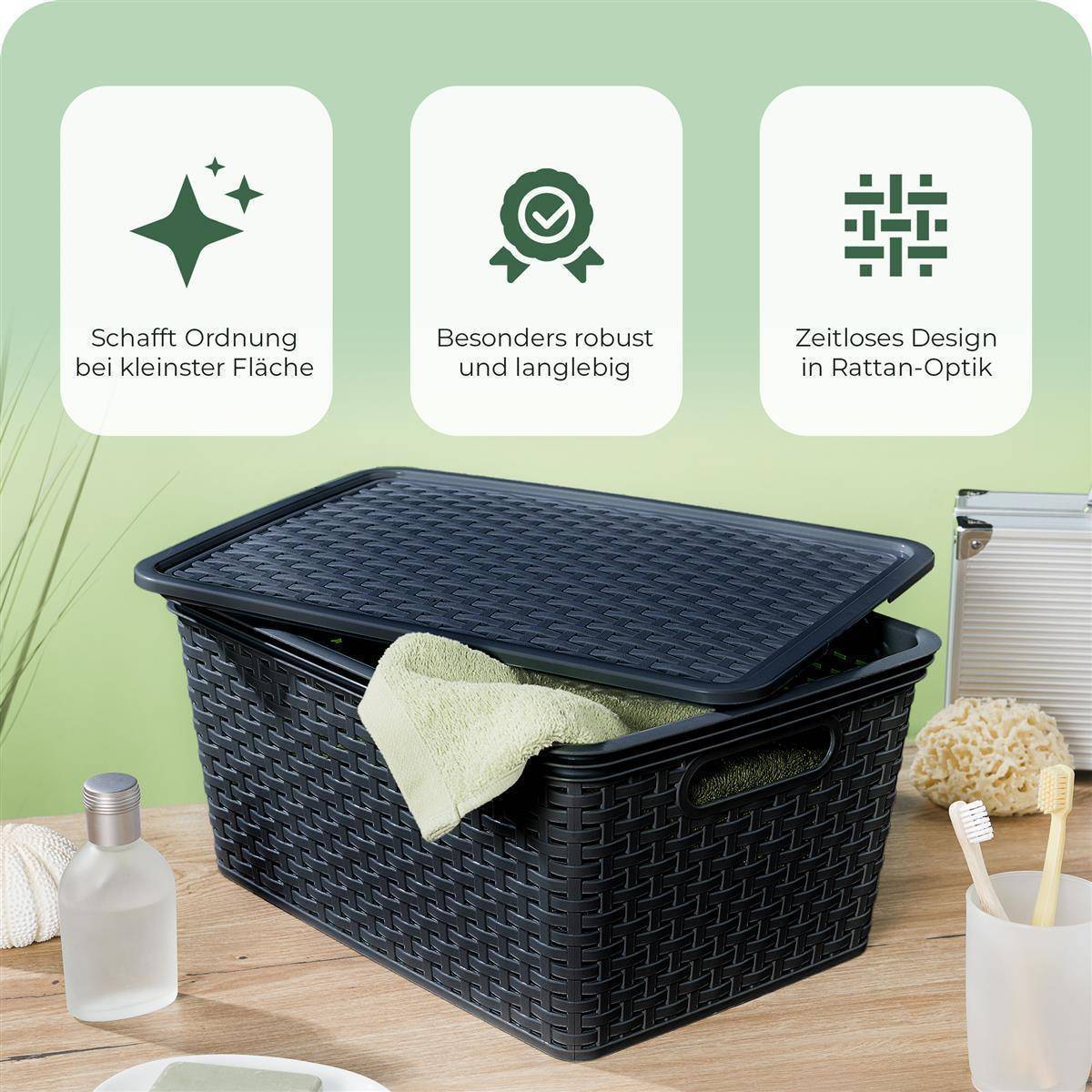 Novaliv Aufbewahrungskorb in Rattan-Optik ohne Deckel | Schwarz Kunststoff 14L Nestbar Storage boxes BPA-frei Ideale Aufbewahrungsbox Organizer Box